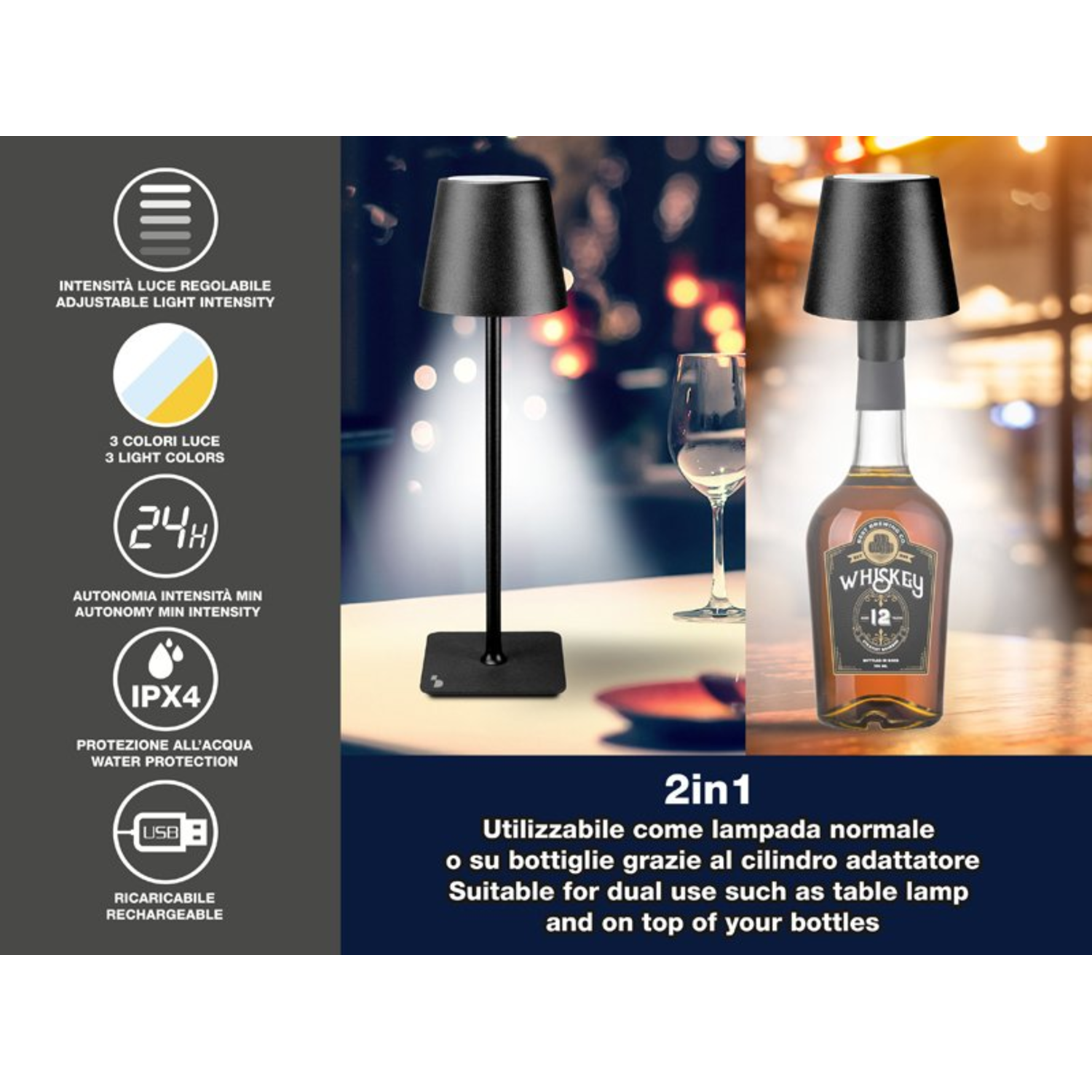 Een zwarte lamp op een wit oppervlak, met een fles whisky en informatie-iconen. Het label leest: 2in1.