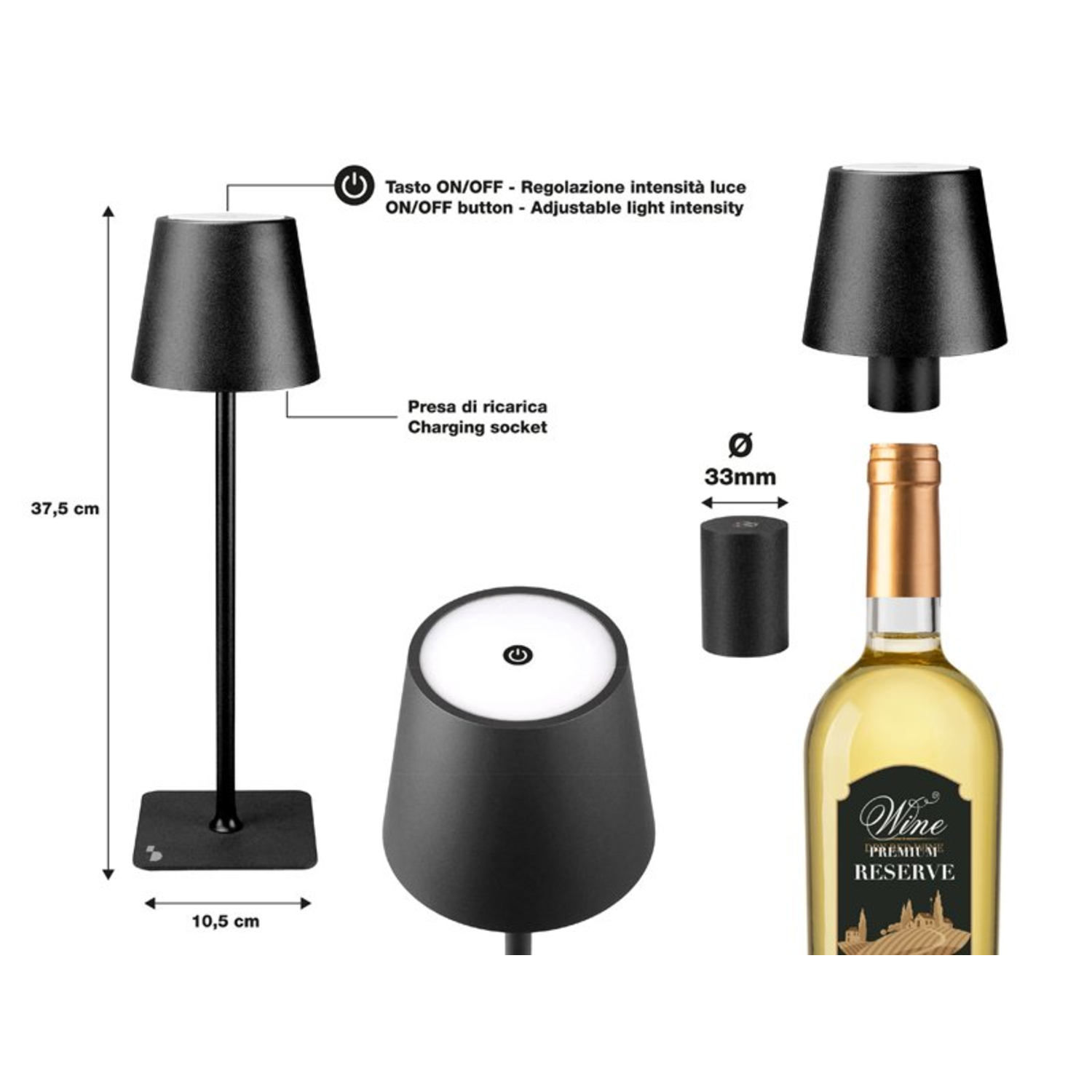 Diagram van een zwarte lamp. Toont afmetingen en componenten. Een wijnfles ernaast.