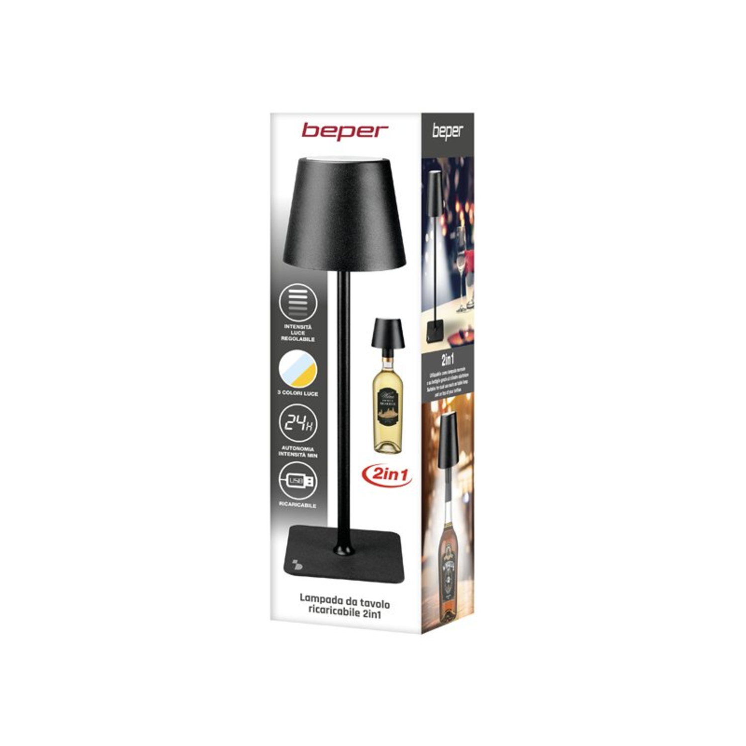 Doos van een 2-in-1 lamp. Toont de lamp naast een wijnfles. De doos toont de merknaam 'beper'.