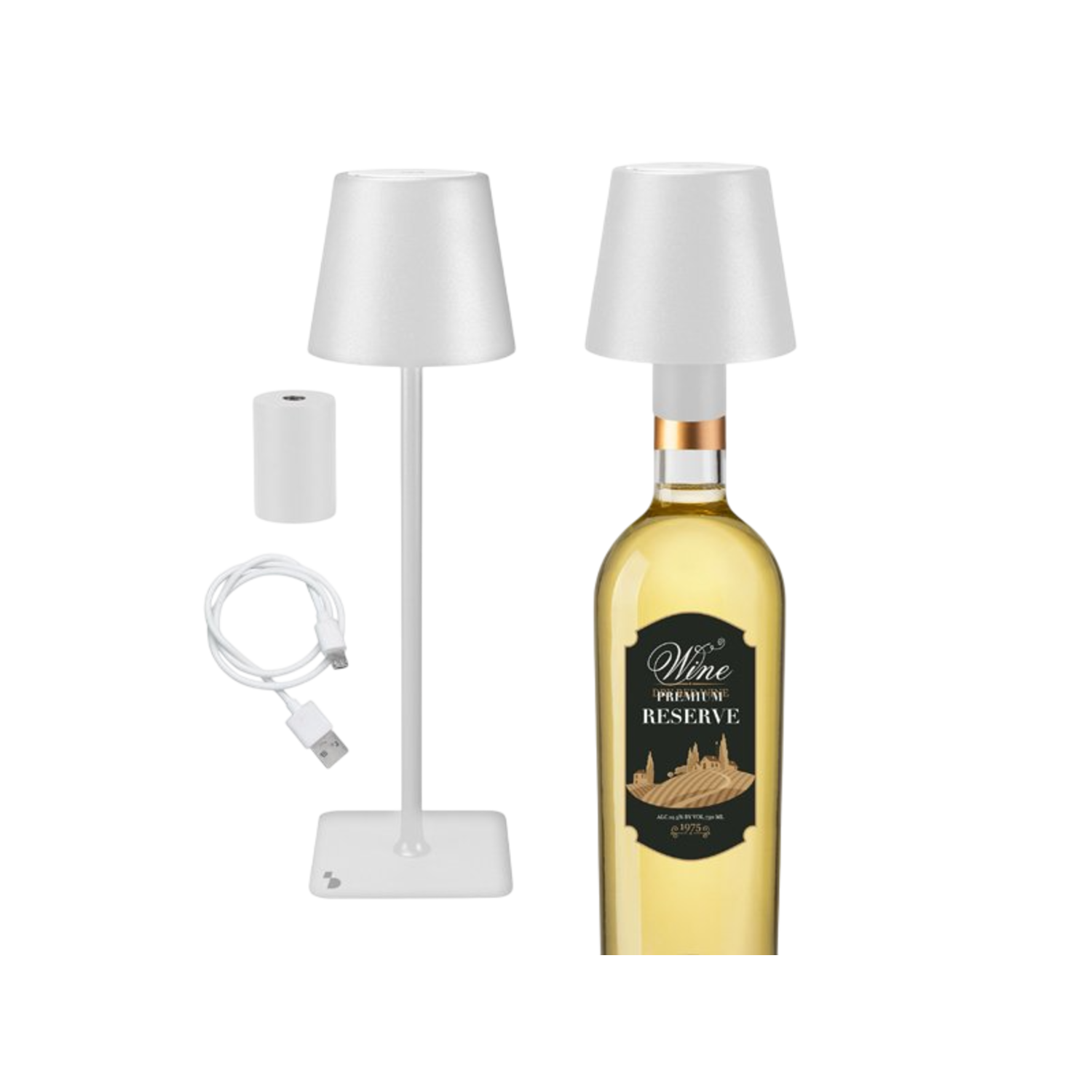 Twee witte tafellampen met een wijnfles. Een oplaadkabel ligt ernaast.
