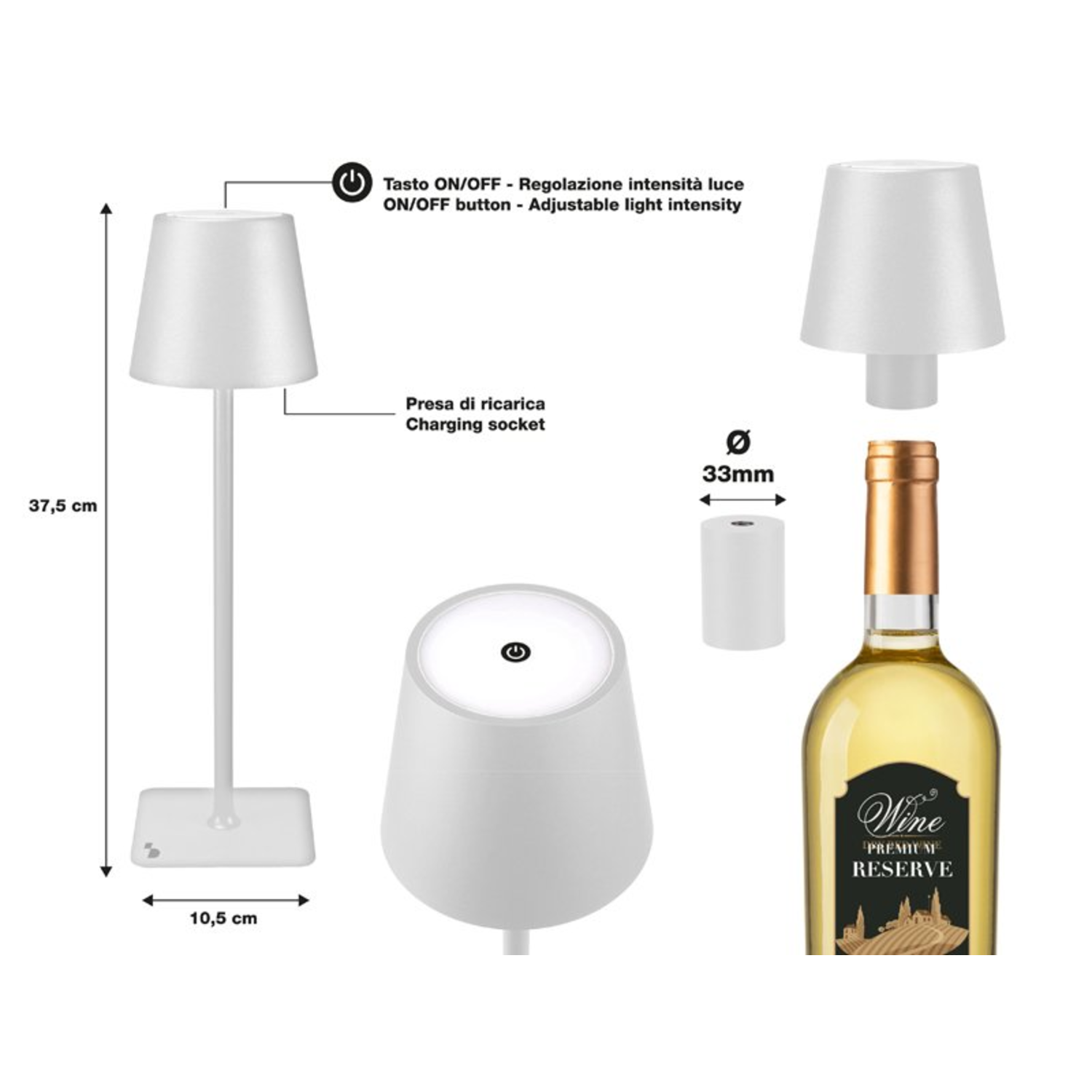 Witte tafellamp met diagram van afmetingen en onderdelen, en een wijnfles.