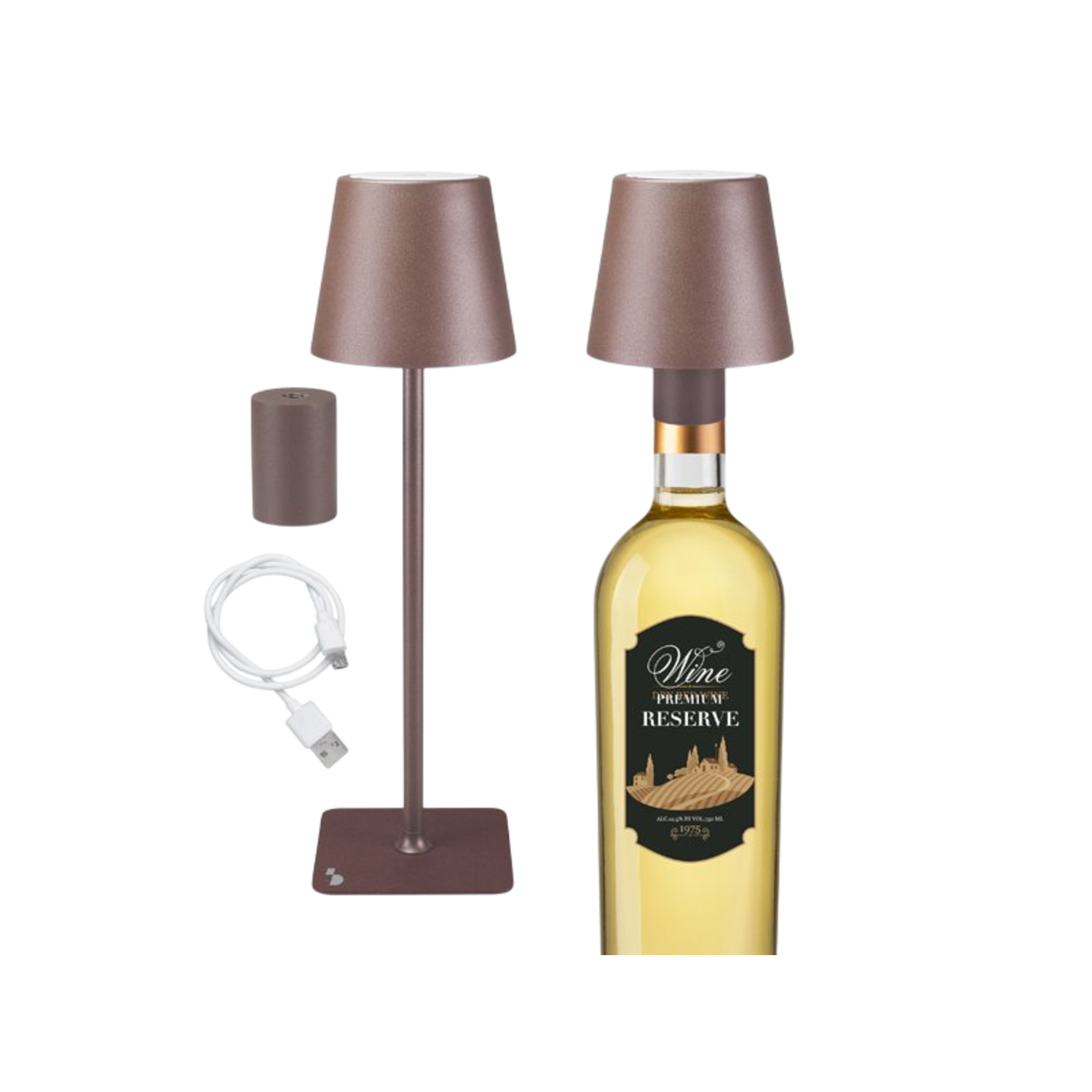 Twee lampen, een wijnfles met etiket en een oplaadkabel op zwarte achtergrond.