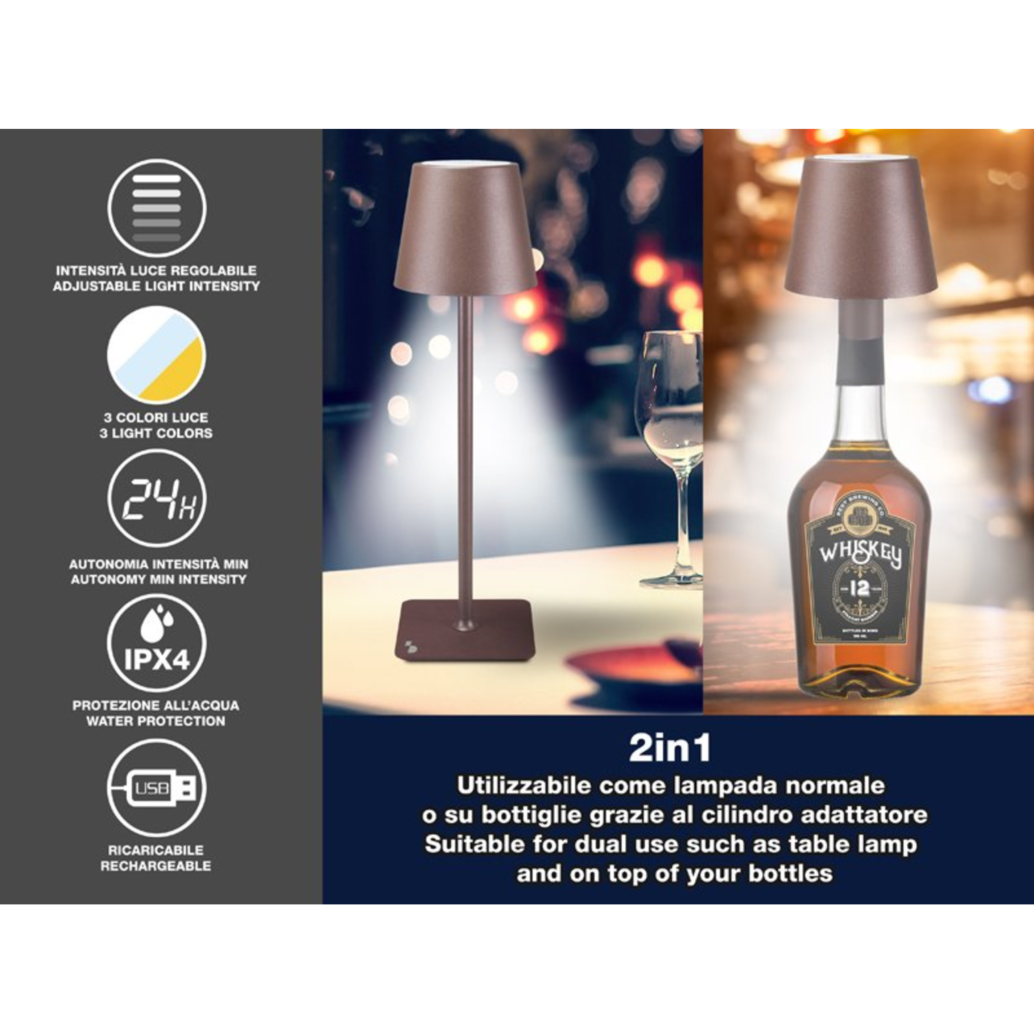 Een lamp staat op een tafel en op een whiskyfles. Hij heeft instelbare lichtsterkte, 3 kleuren en is oplaadbaar.