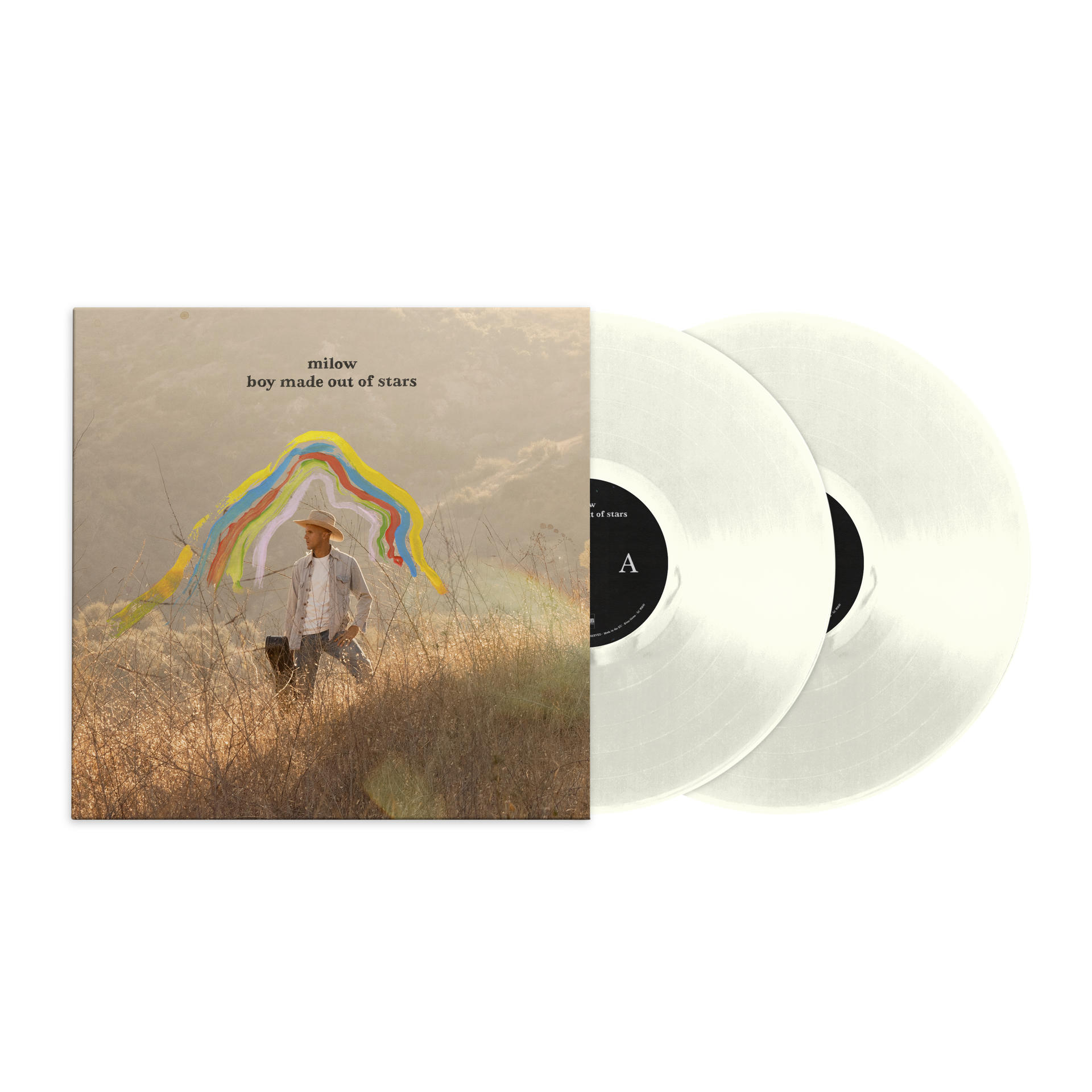 Pochette de l'album "boy made out of stars" de Milow, avec deux vinyles blancs.
