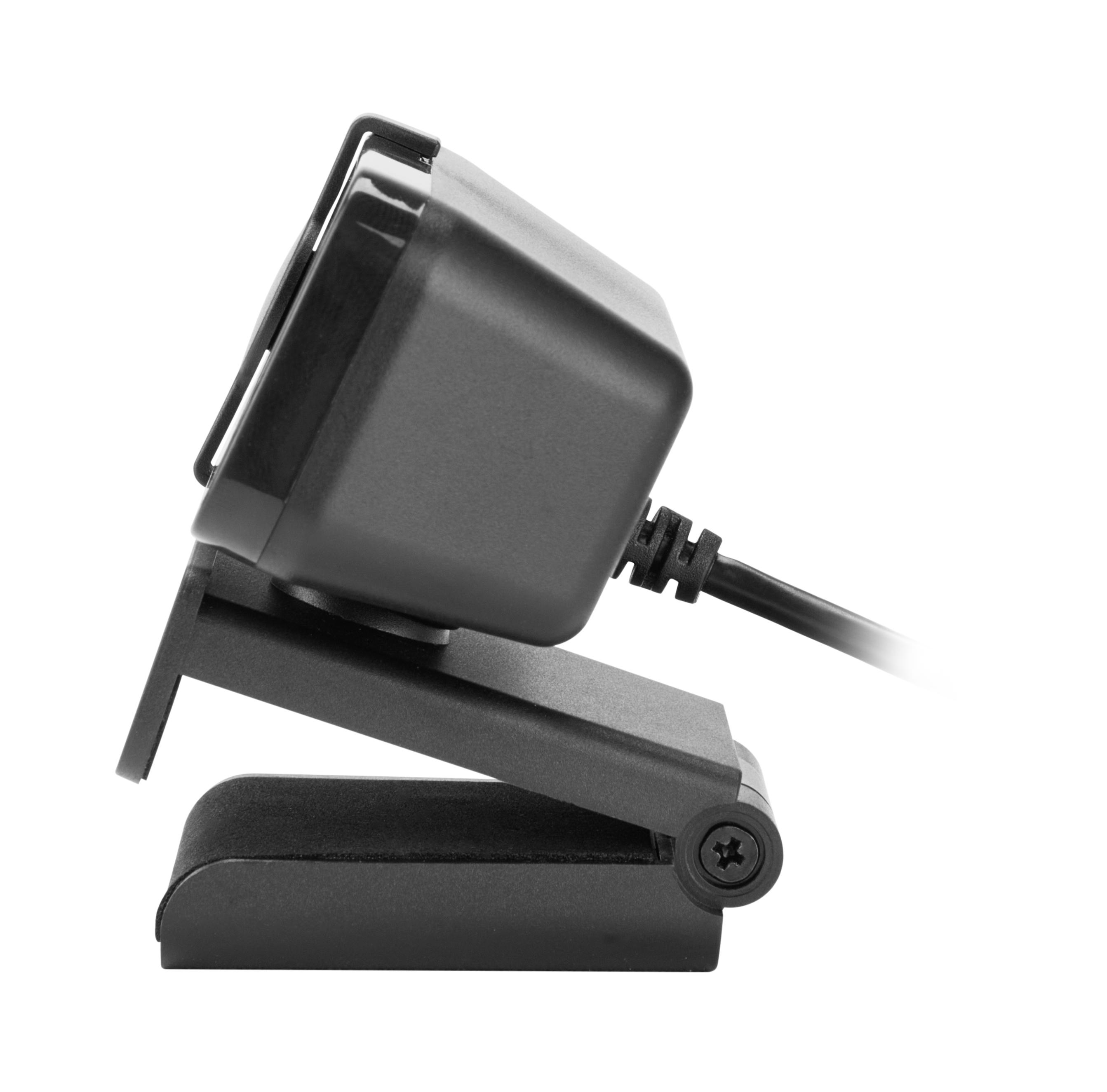 Schwarze Webcam mit Ständer, Winkelansicht, auf weißem Hintergrund.
