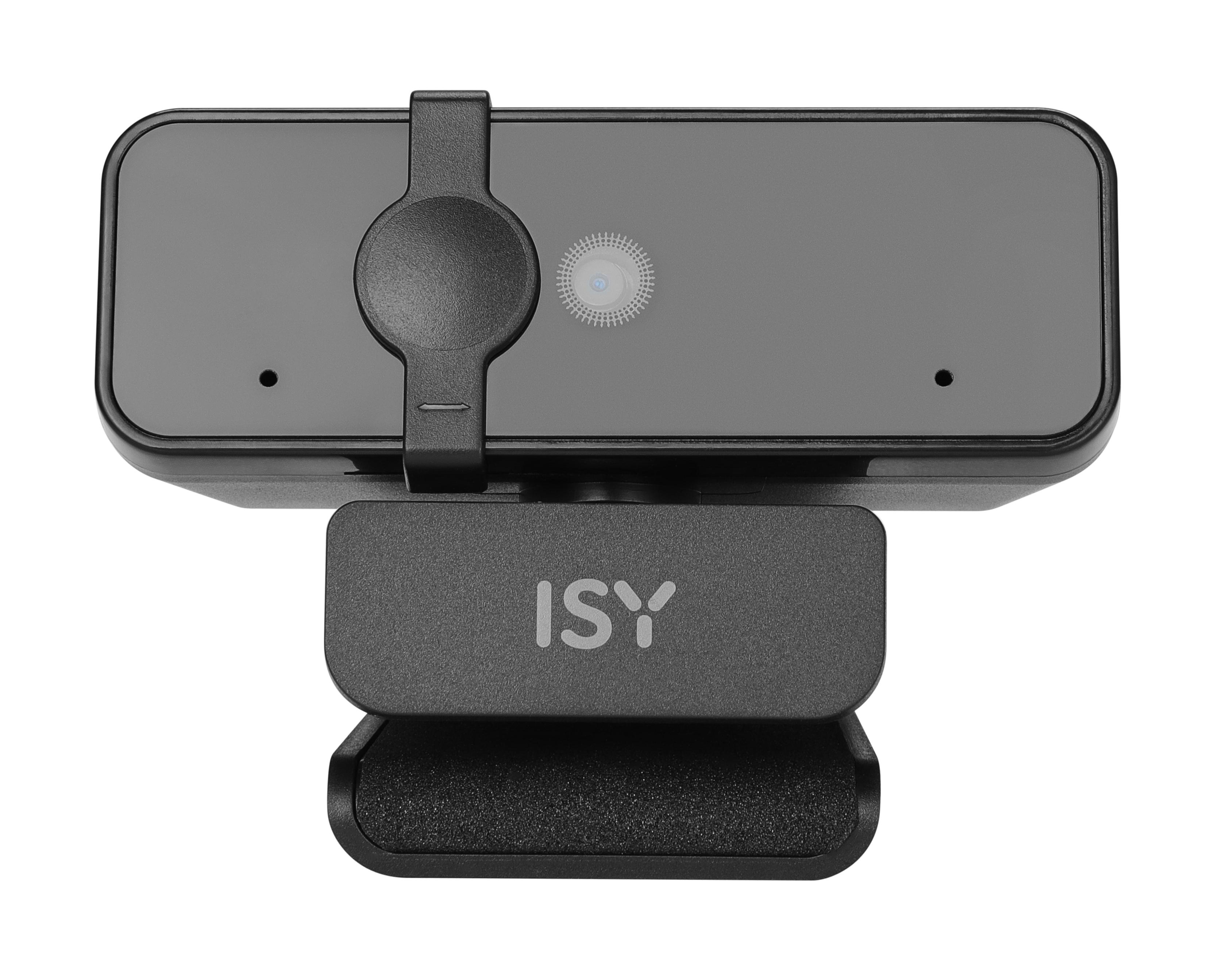 Schwarze ISY Webcam, Draufsicht, mit schwarzem Clip-Halter.