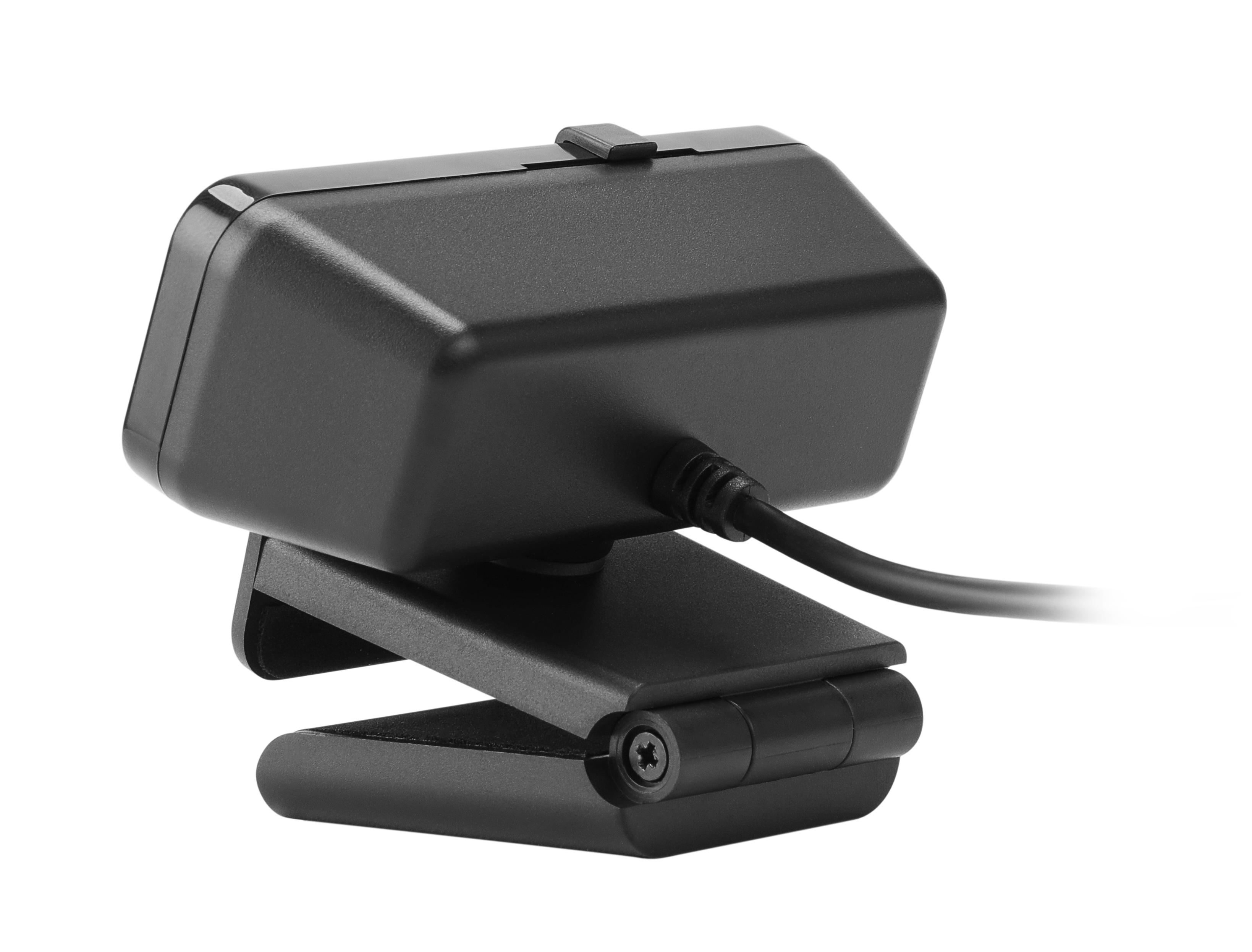 Schwarze Webcam mit Clip-Halterung, Seitenansicht, Kabel angeschlossen.