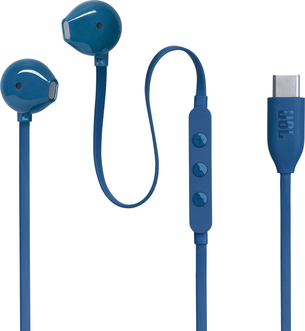 Blaue JBL Ohrhörer mit Steuermodul und USB-C-Anschluss. Drei Knöpfe sind sichtbar.