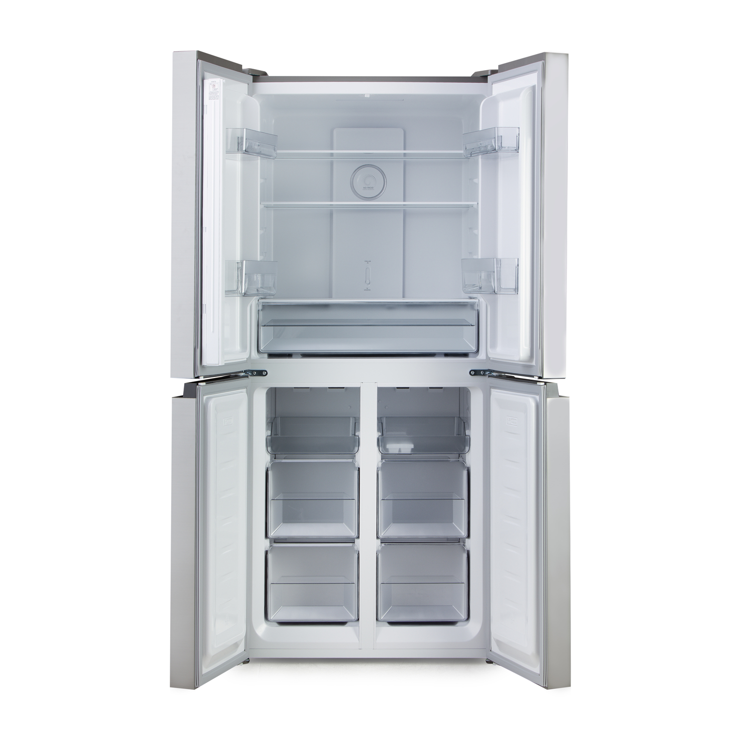 A refrigerator with open doors. The fridge is empty inside.