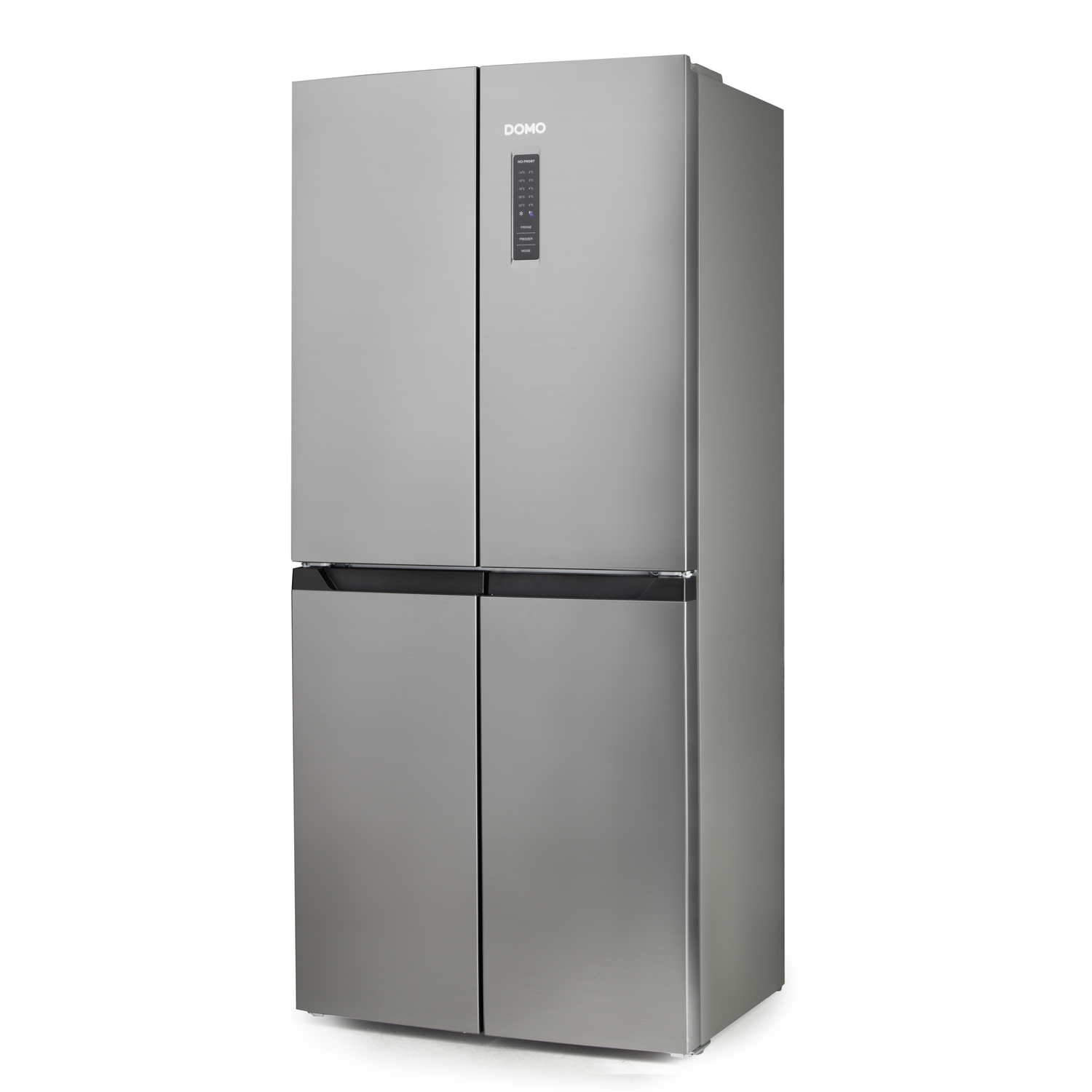 A silver refrigerator with four doors closed. The brand name DOMO is on it.