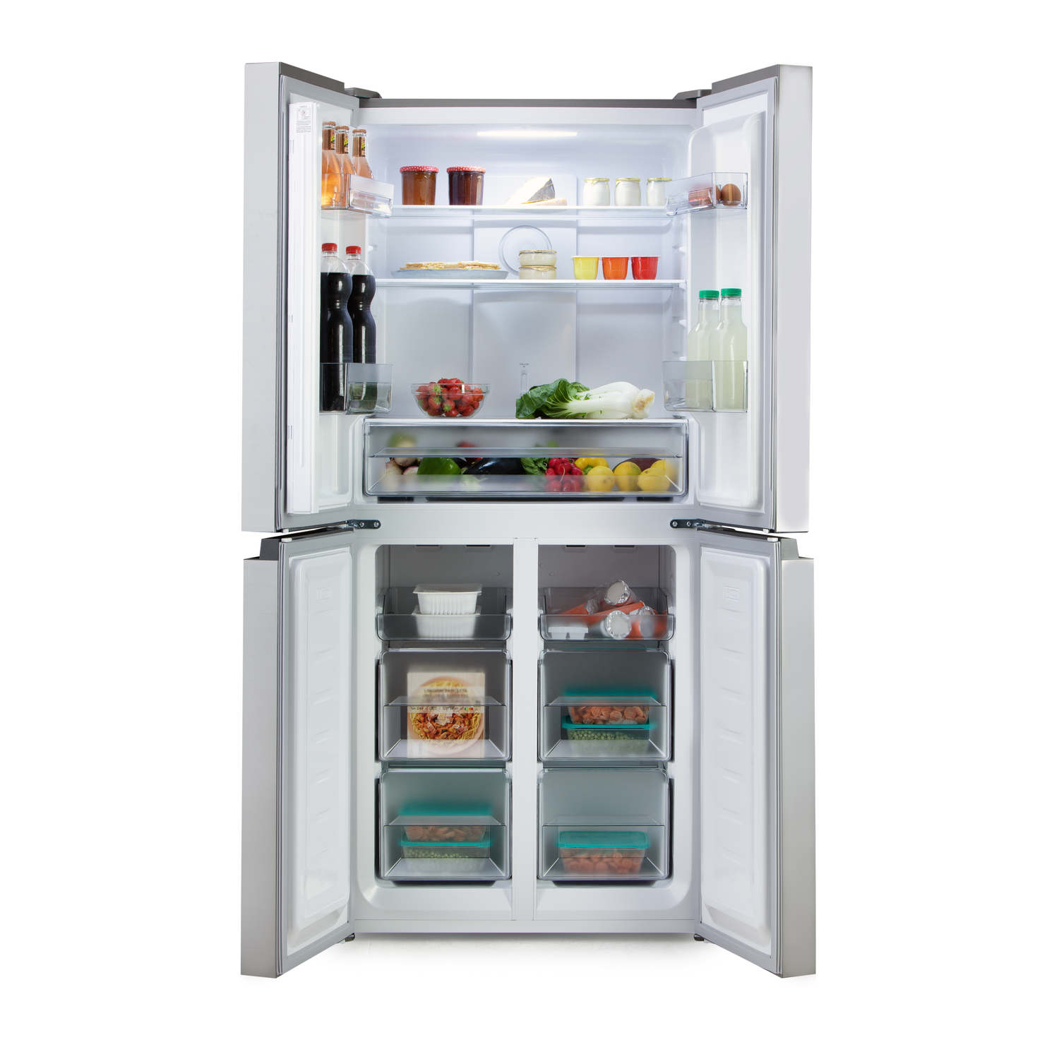 A refrigerator with open doors, filled with food and beverages. White interior.