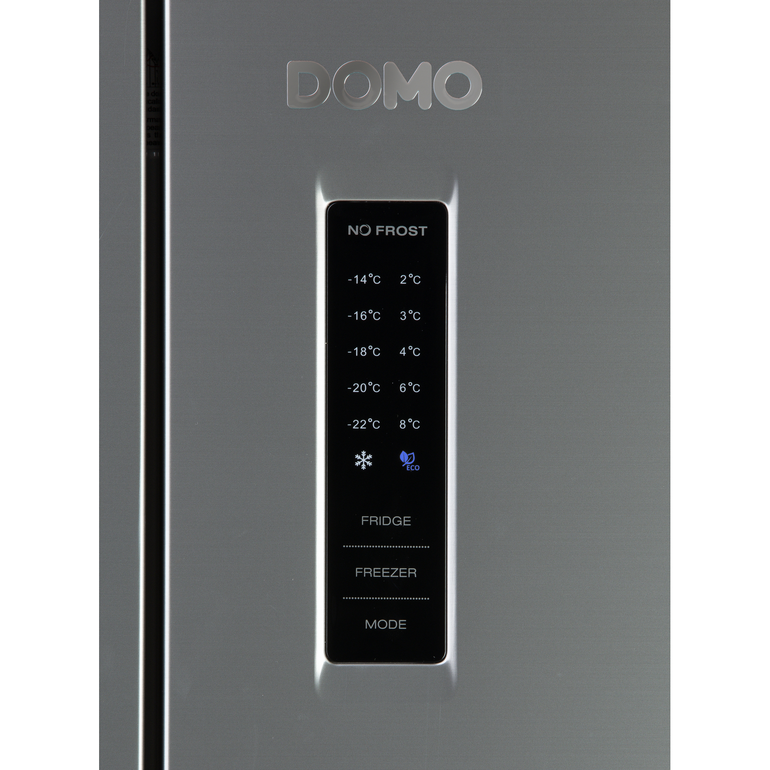 Close up of a digital control panel on a refrigerator, showing temperature settings and modes.