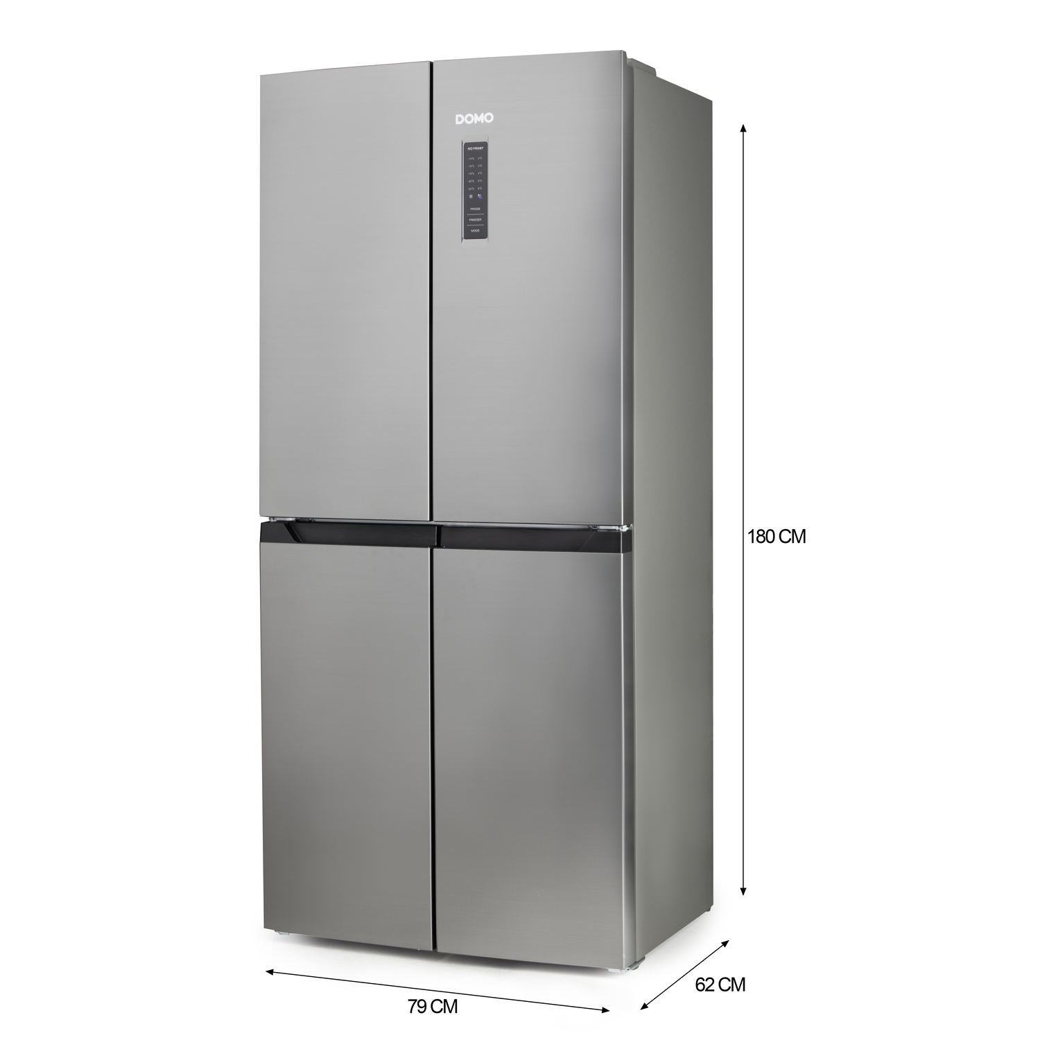 A refrigerator against a white background. Dimensions are displayed.