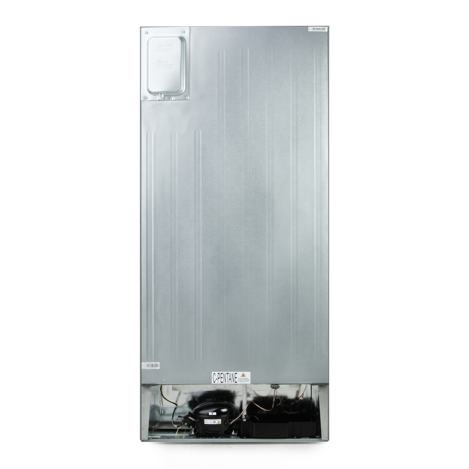 The back of the refrigerator, showing the compressor and various components.