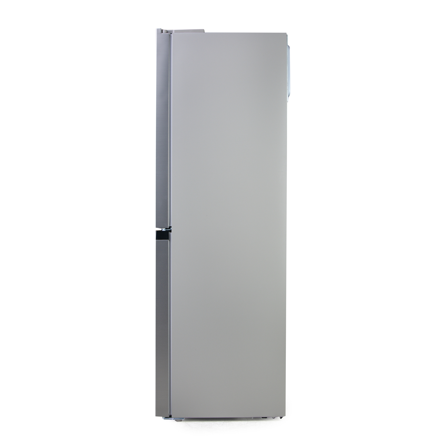Side view of a silver refrigerator against a white backdrop.