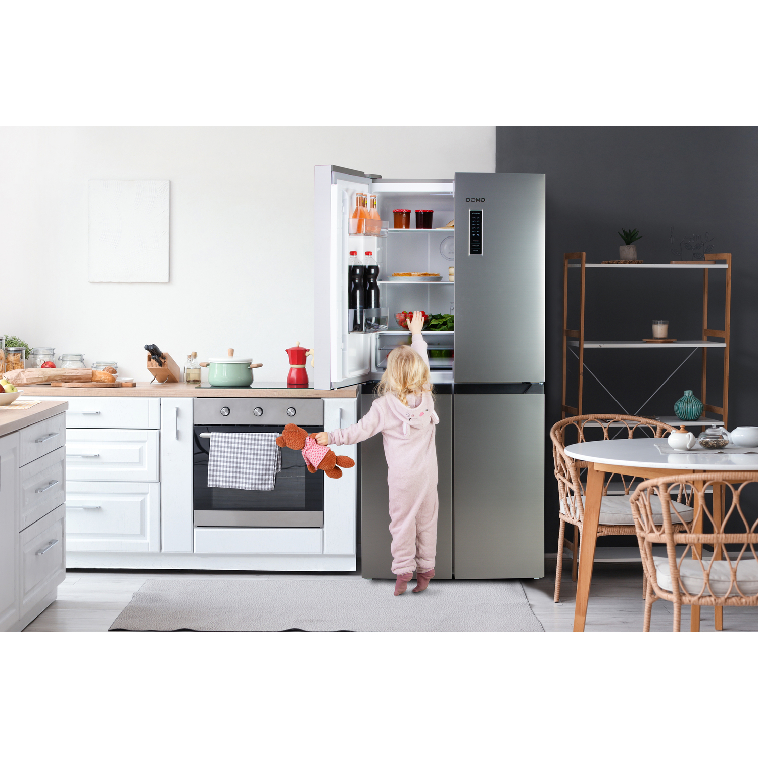 A child in a kitchen opening a refrigerator with food on shelves. Kitchen background.