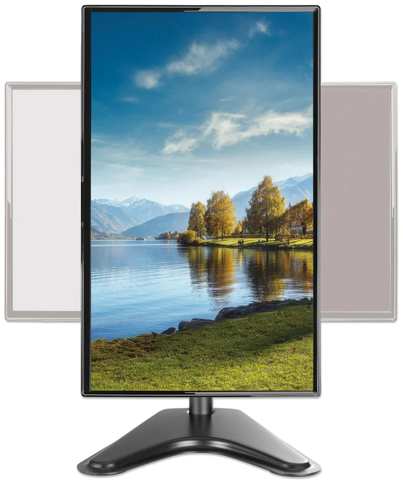 Monitor festői kilátással egy tóra és hegyekre, három további panellel keretezve.