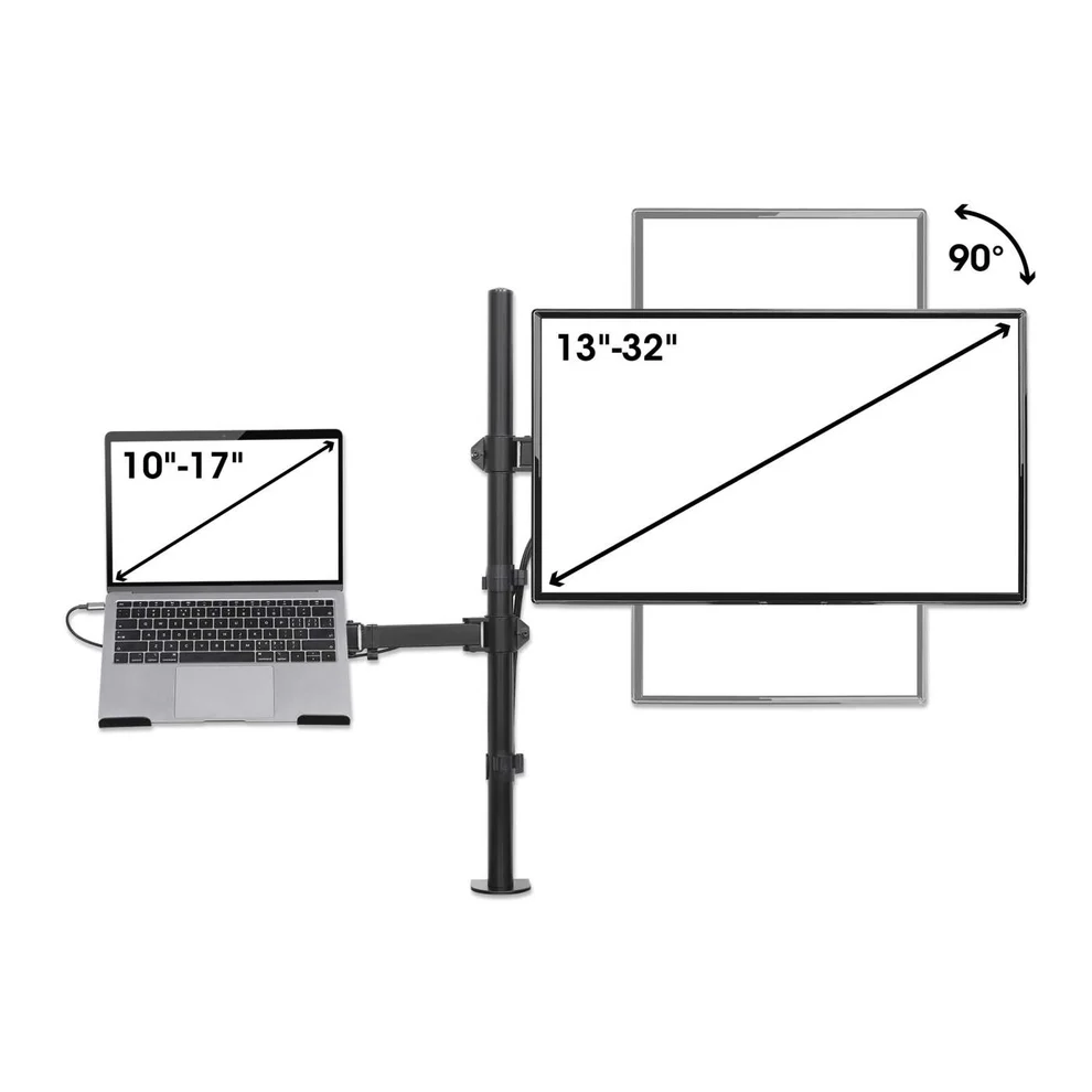 Monitortartó laptop, monitor és egy másik monitorral, más tájolásban.