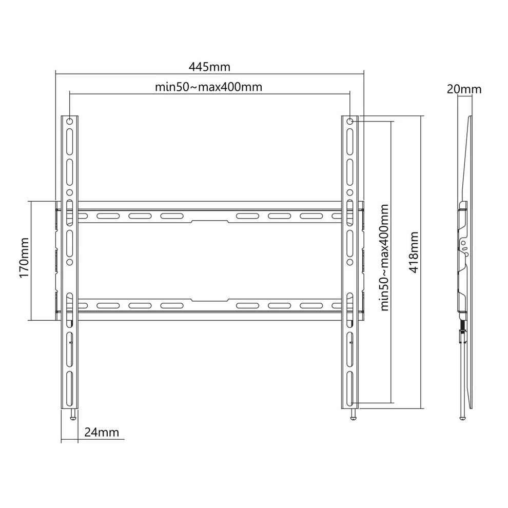 TV fali tartó diagramja, méretekkel. A tartó egy téglalap alakú keret.