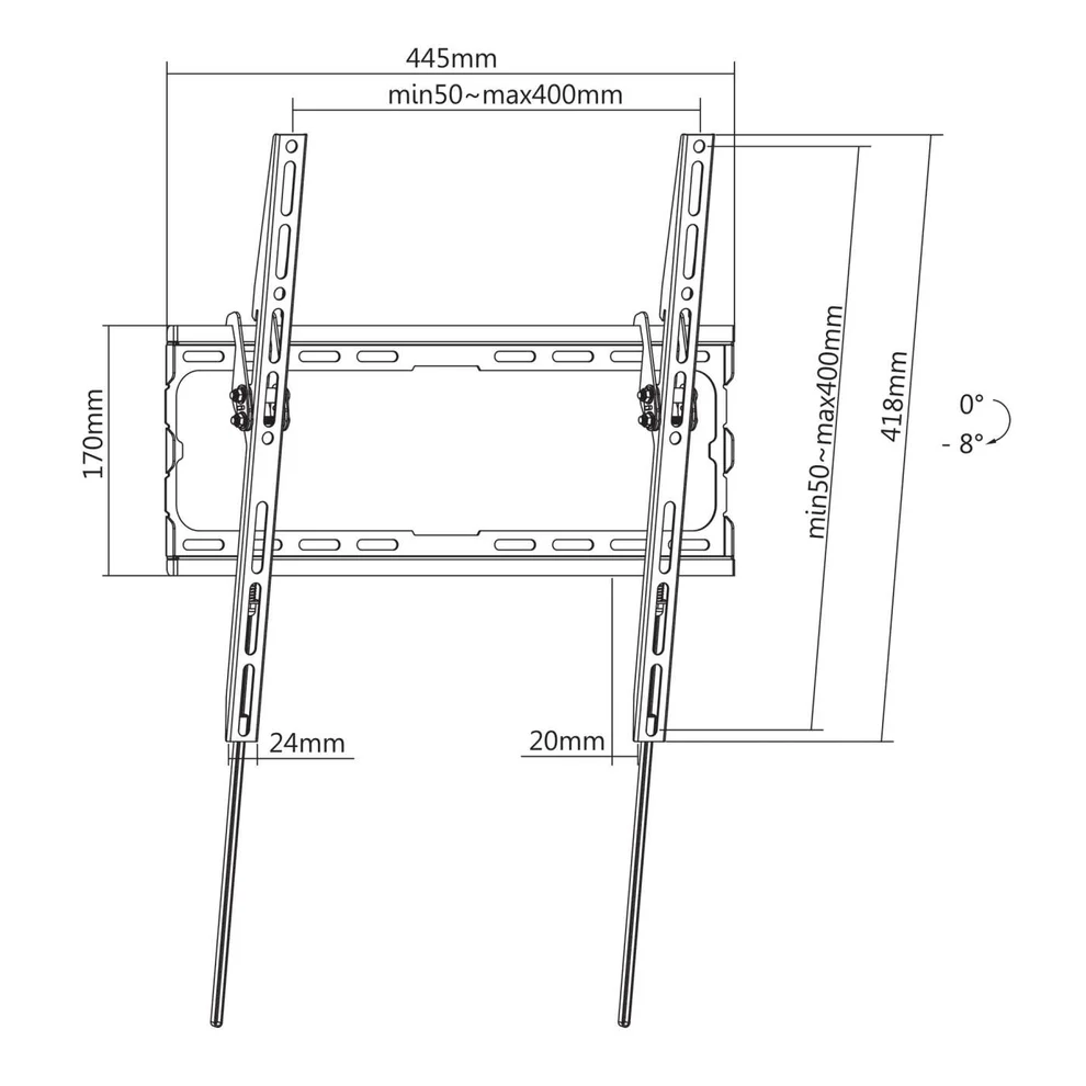 TV fali tartó diagramja, méretekkel. A tartó állítható részekkel rendelkezik.