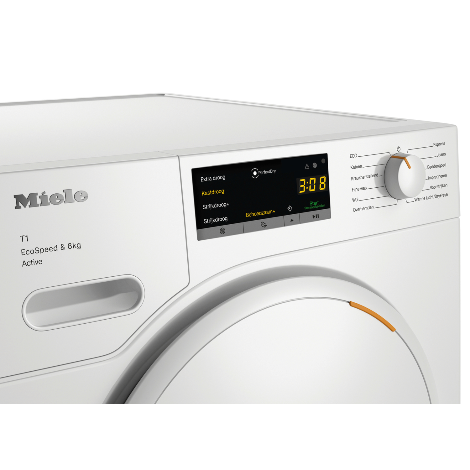 Een witte Miele droger met een digitaal display met instellingen en een draaiknop rechts.