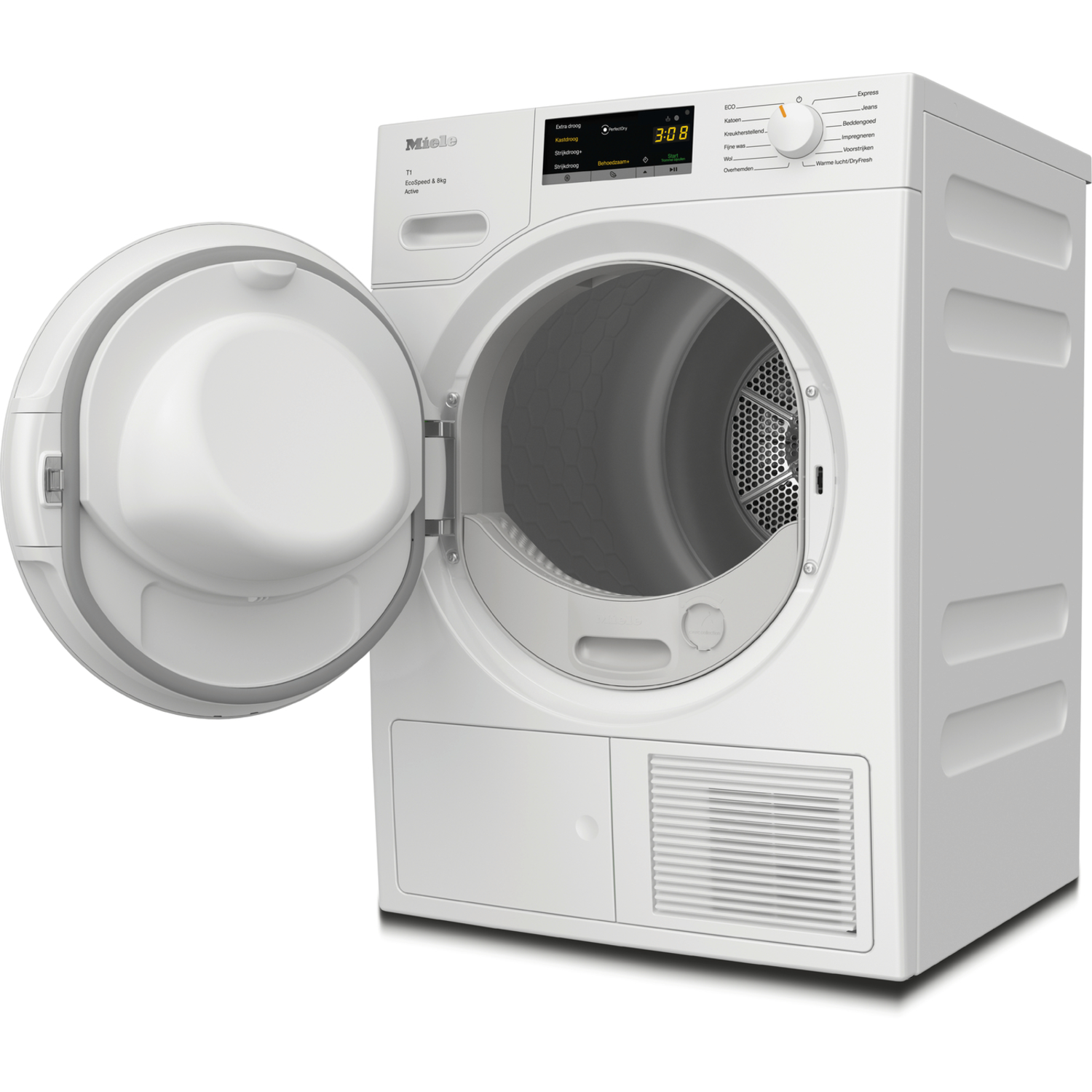 Witte Miele droger met open deur, met de trommel en het interieur.