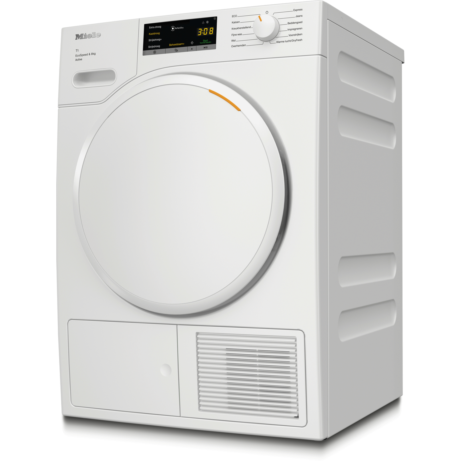Witte Miele droger, voorkant met digitaal display en ronde deur.