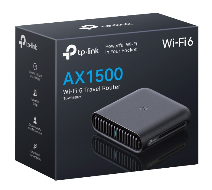 Czarny router podróżny TP-Link Wi-Fi 6, pudełko pokazuje funkcje, Wi-Fi 6 i logo TP-Link.