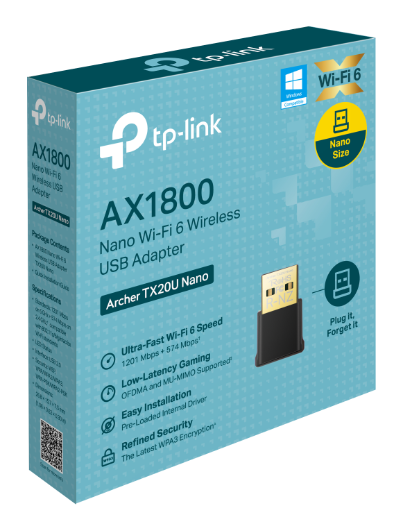 Pudełko adaptera USB Wi-Fi 6 TP-Link AX1800. Widoczny czarny adapter.
