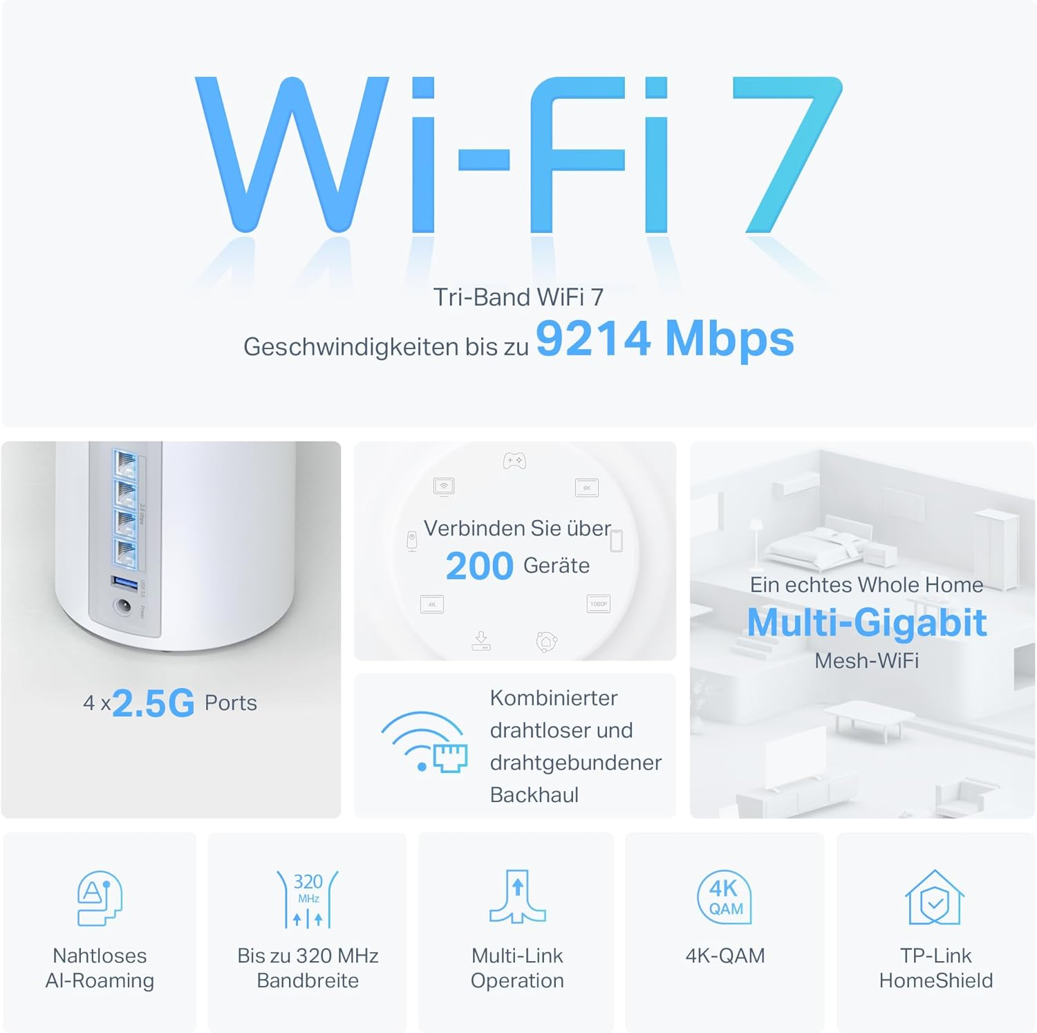 Wi-Fi 7 Router mit blau-weißem Design, mit Geschwindigkeiten bis zu 9214 Mbps.