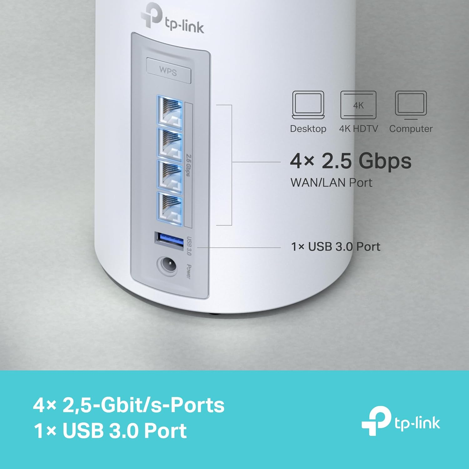 Ein weißer TP-Link Router mit 4 Ports und einem USB-Anschluss, zeigt Anschlussoptionen.