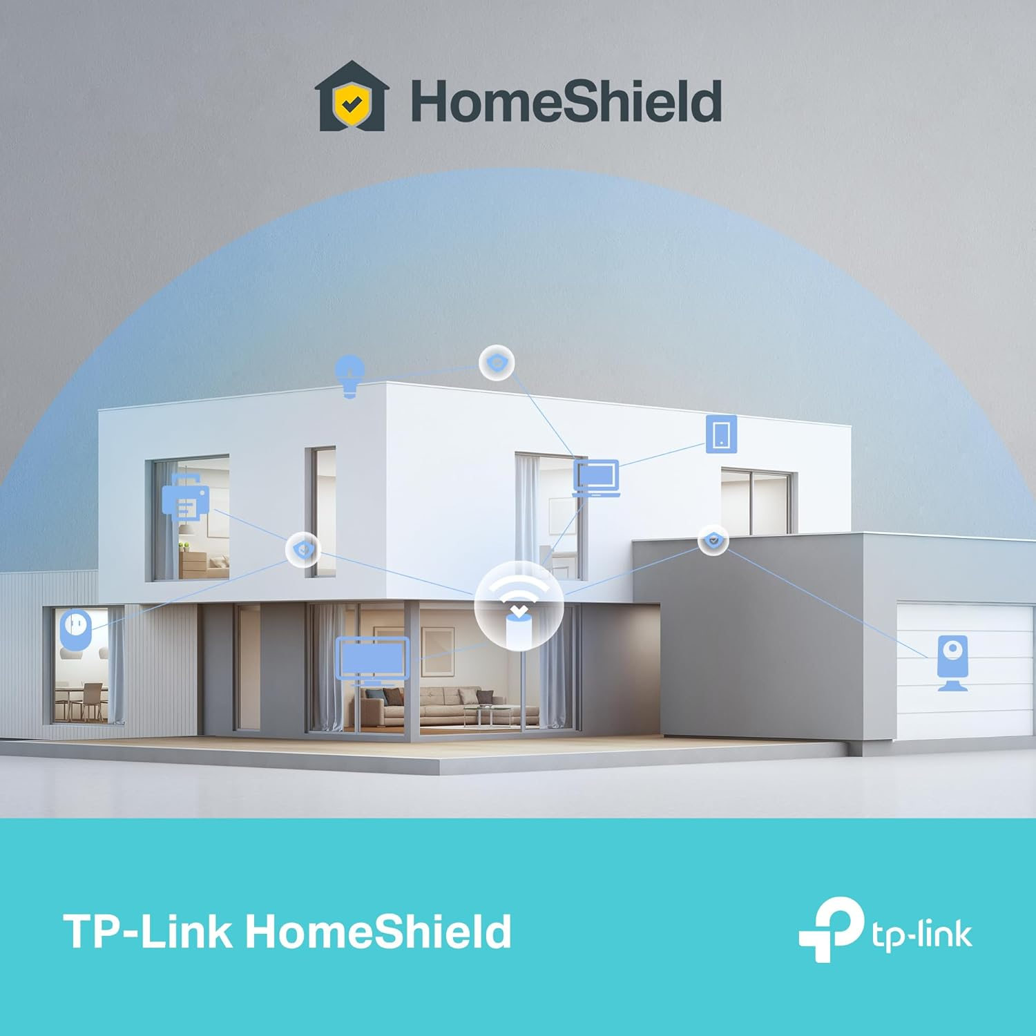 Modernes Haus mit digitalen Sicherheitsmerkmalen, ein Logo oben: HomeShield, und ein TP-Link-Logo.