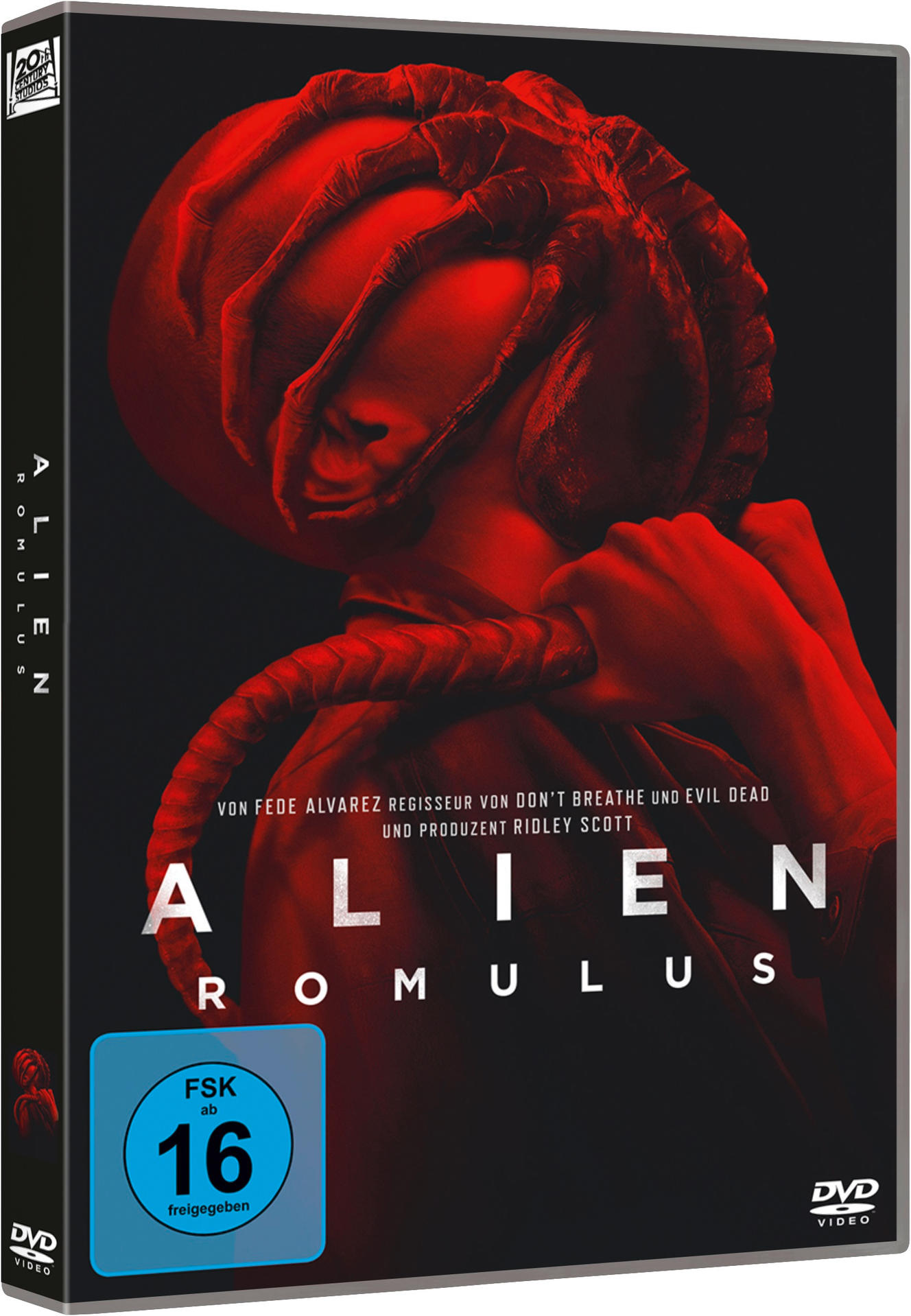 DVD-Hülle für 'Alien Romulus', mit einem rot getönten Alien und Filmtitel.