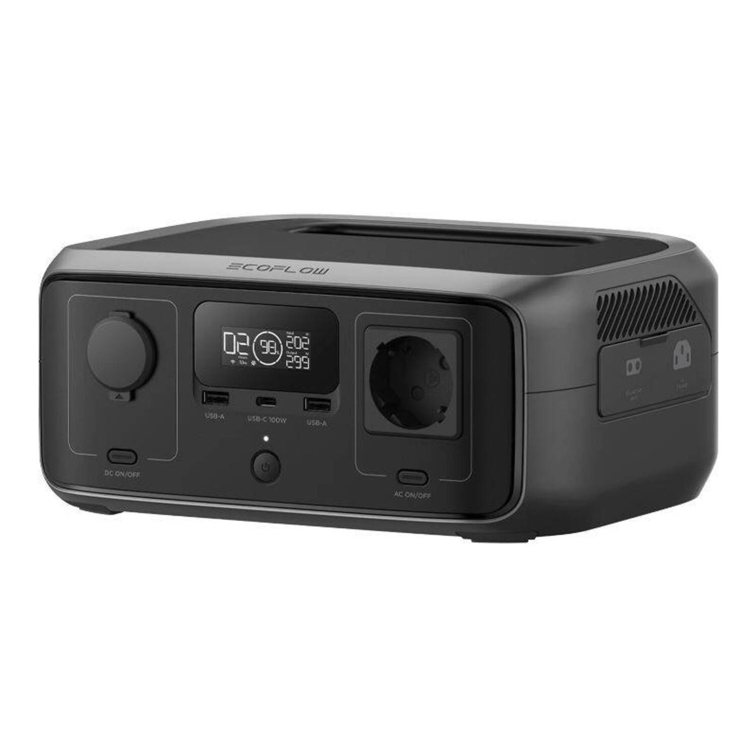 Black power station with a display, USB ports, and AC outlet. It has DC on/off and AC on/off buttons.