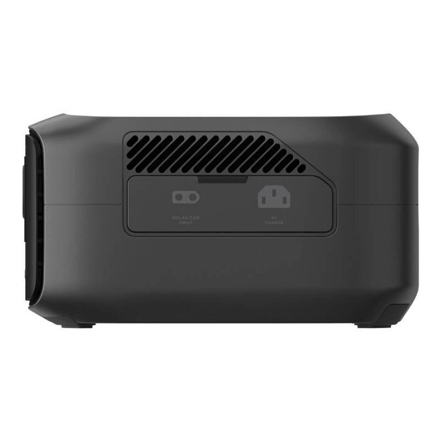 Black portable power station. Front view showing input and output ports with labels.