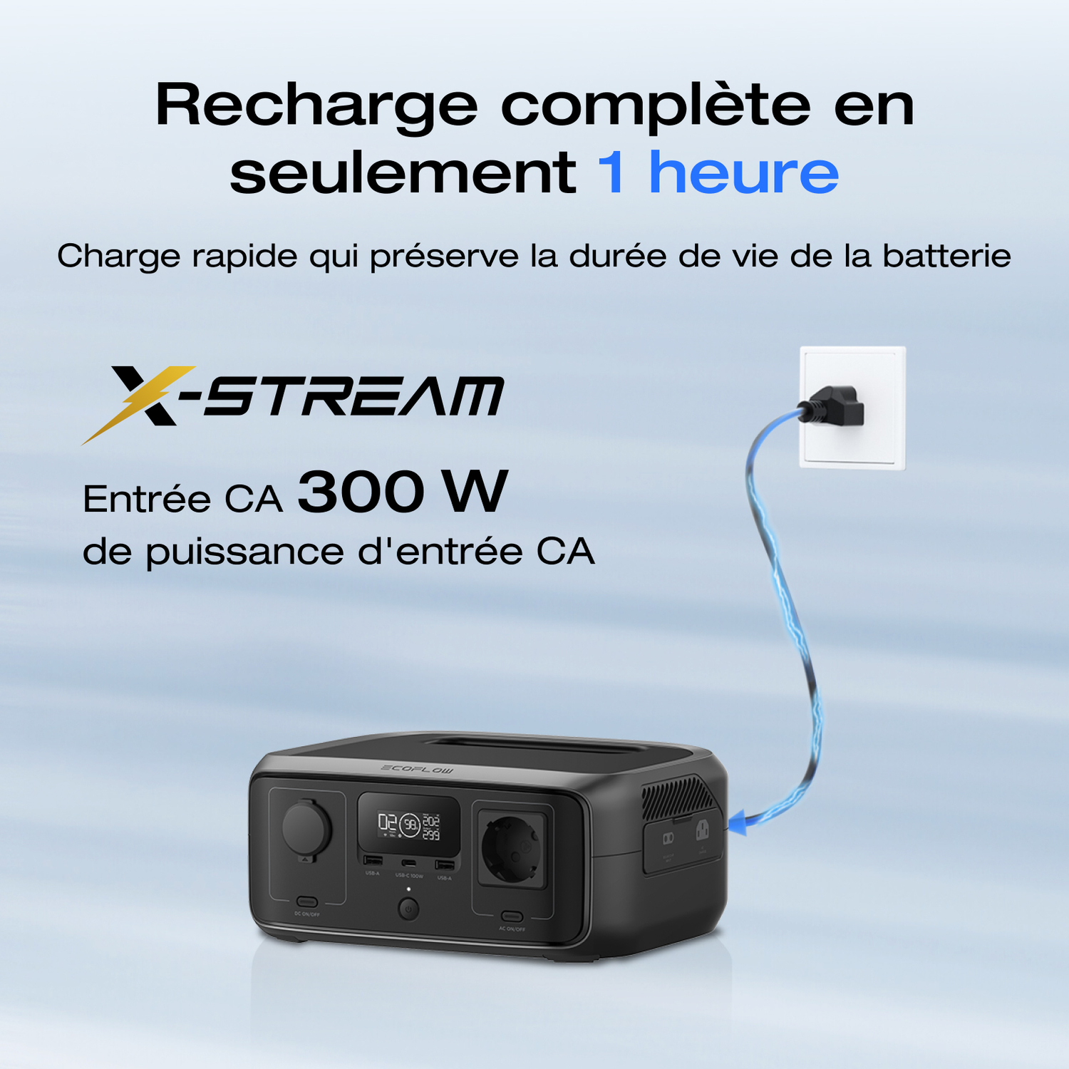 Une station d'alimentation avec une prise connectée à une prise murale, montrant l'entrée X-STREAM.