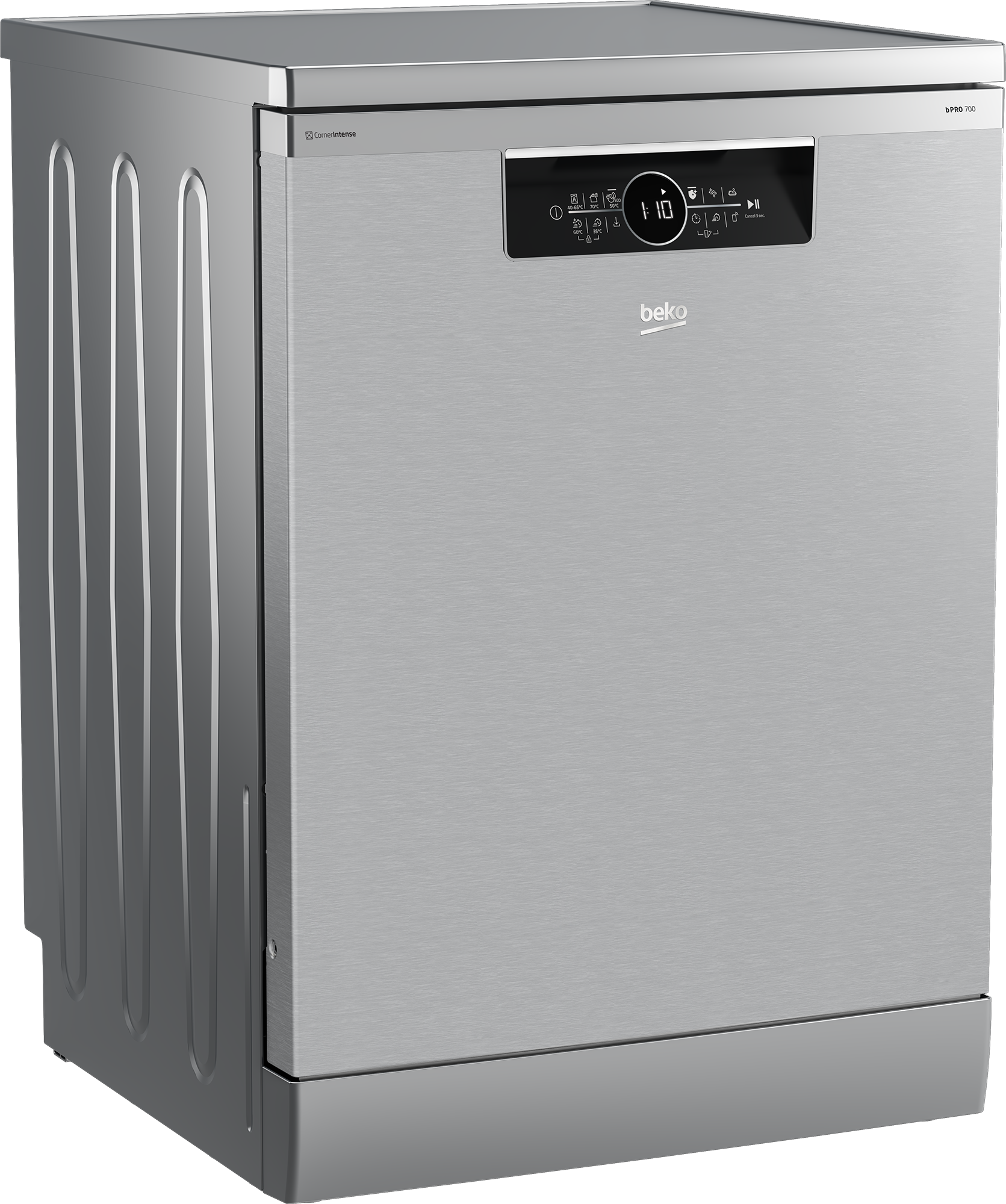 Un lavavajillas Beko plateado con panel de control y puerta cerrada.