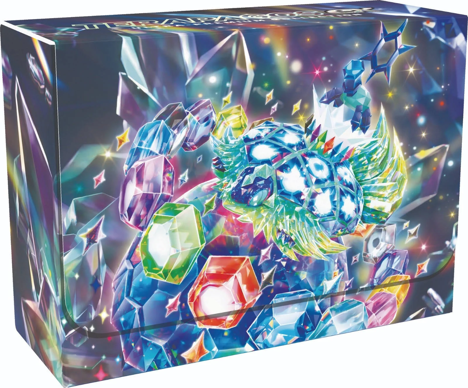 Una caja con una ilustración colorida de una criatura fantástica hecha de cristales y gemas.