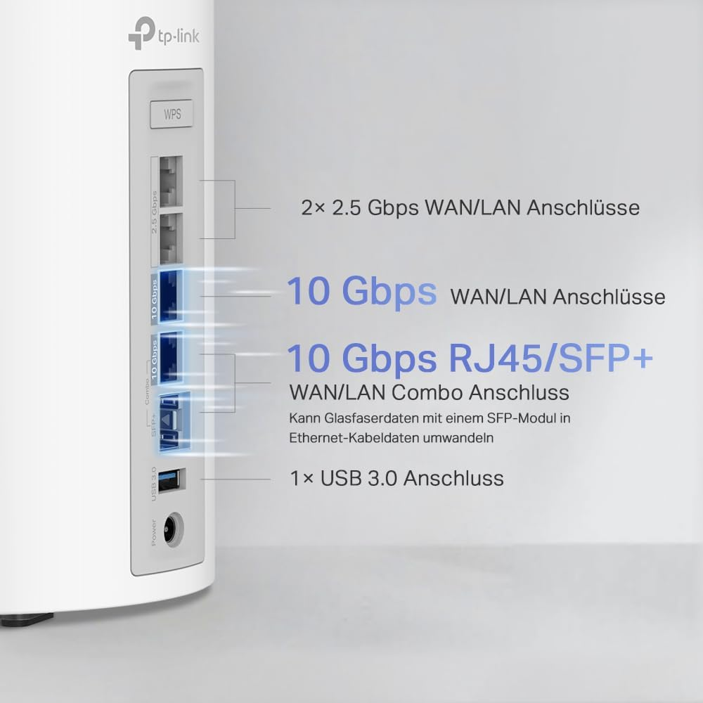 Ein weißer TP-Link-Router mit mehreren Anschlüssen, beschriftet mit 2,5 Gbit/s, 10 Gbit/s, USB 3.0.
