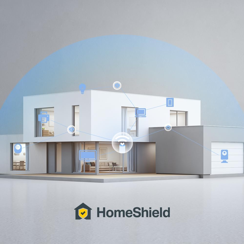 Modernes Haus mit Smart-Home-Symbolen. Blaue Lichtstrahlen gehen vom Haus aus.