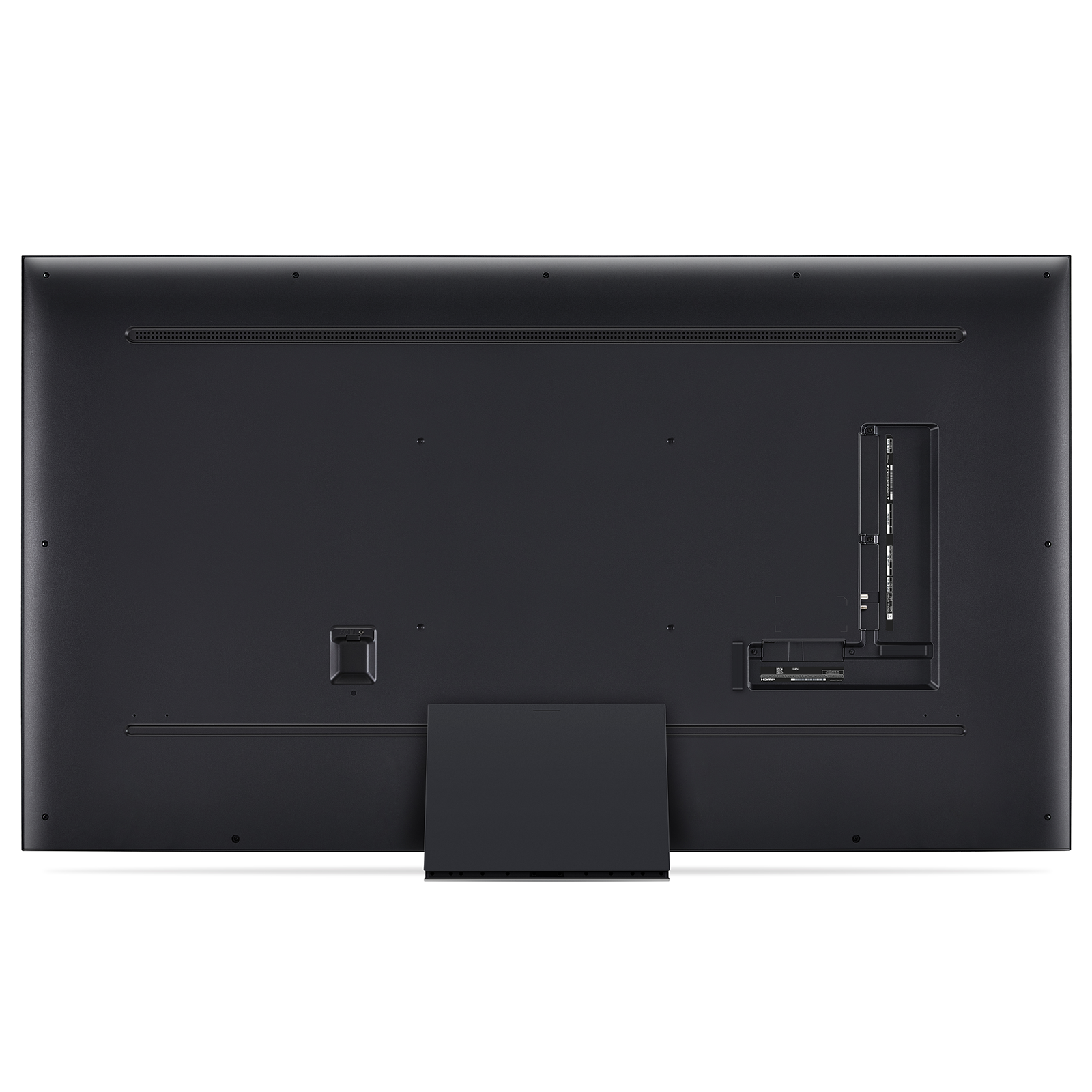 Tył dużego czarnego telewizora z portami i podstawką.