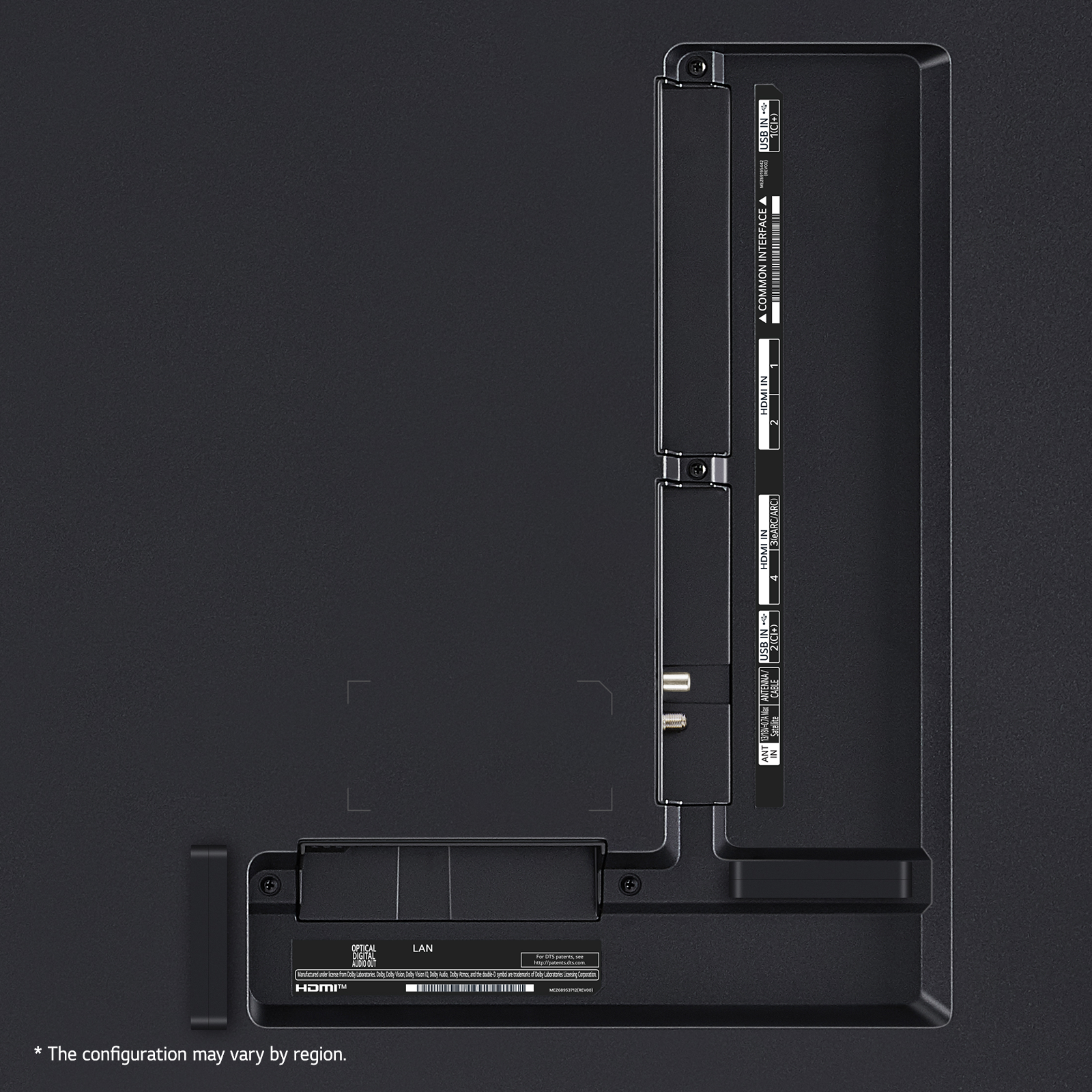 Zbliżenie tyłu czarnego telewizora. Pokazuje różne porty, w tym HDMI, LAN i USB.