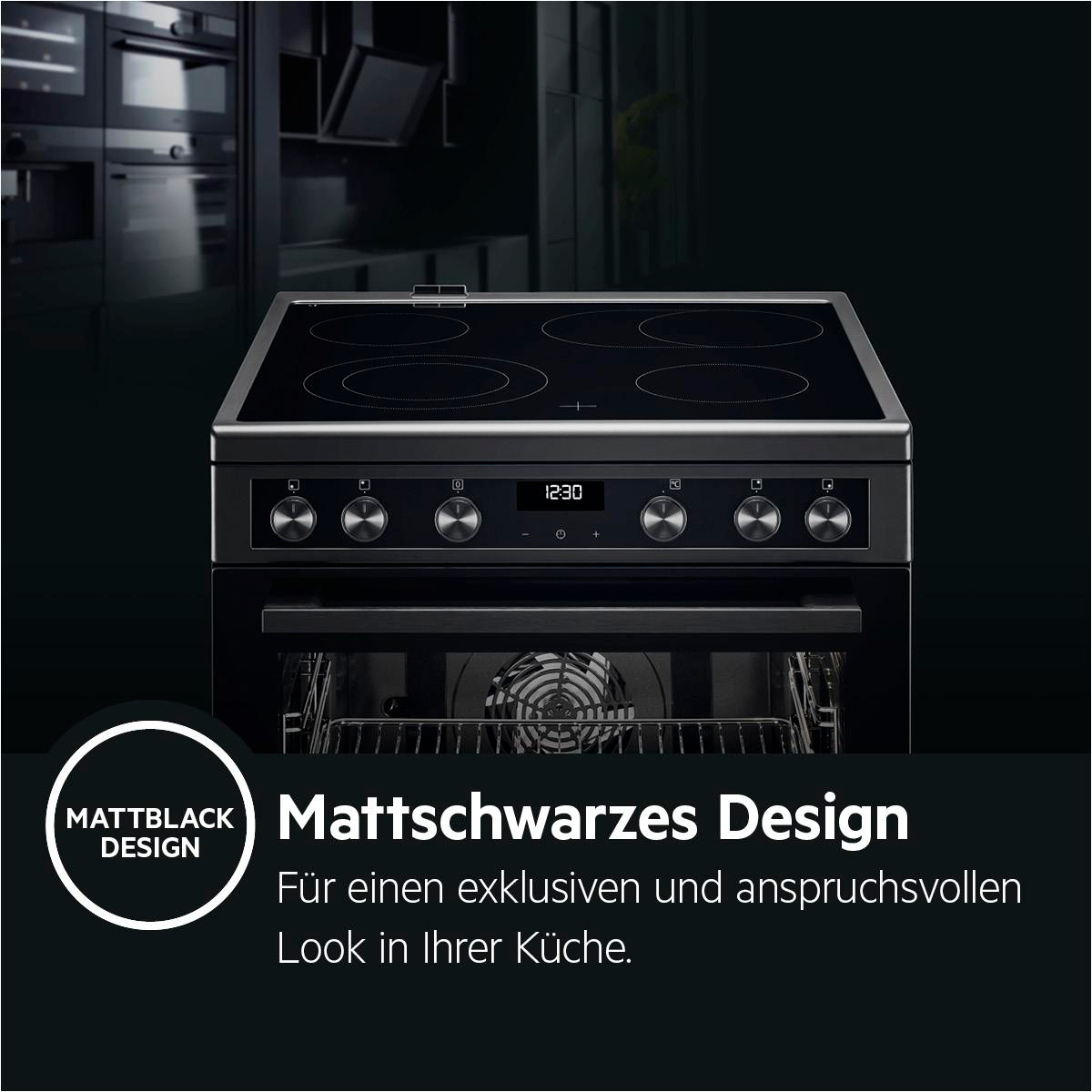Schwarzer Elektrobackofen mit Kochfeld, Digitalanzeige und weißem Kreissymbol.