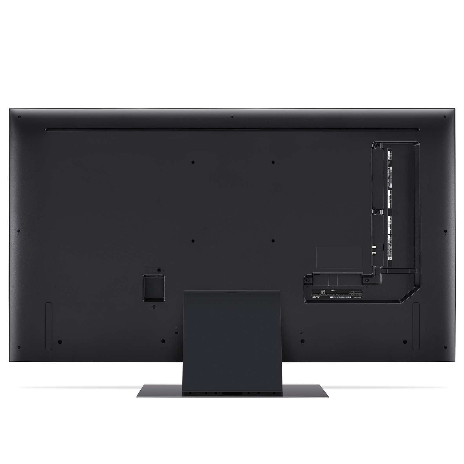 Tył czarnego telewizora LG, pokazujący porty i stojak. Odizolowany na białym tle.