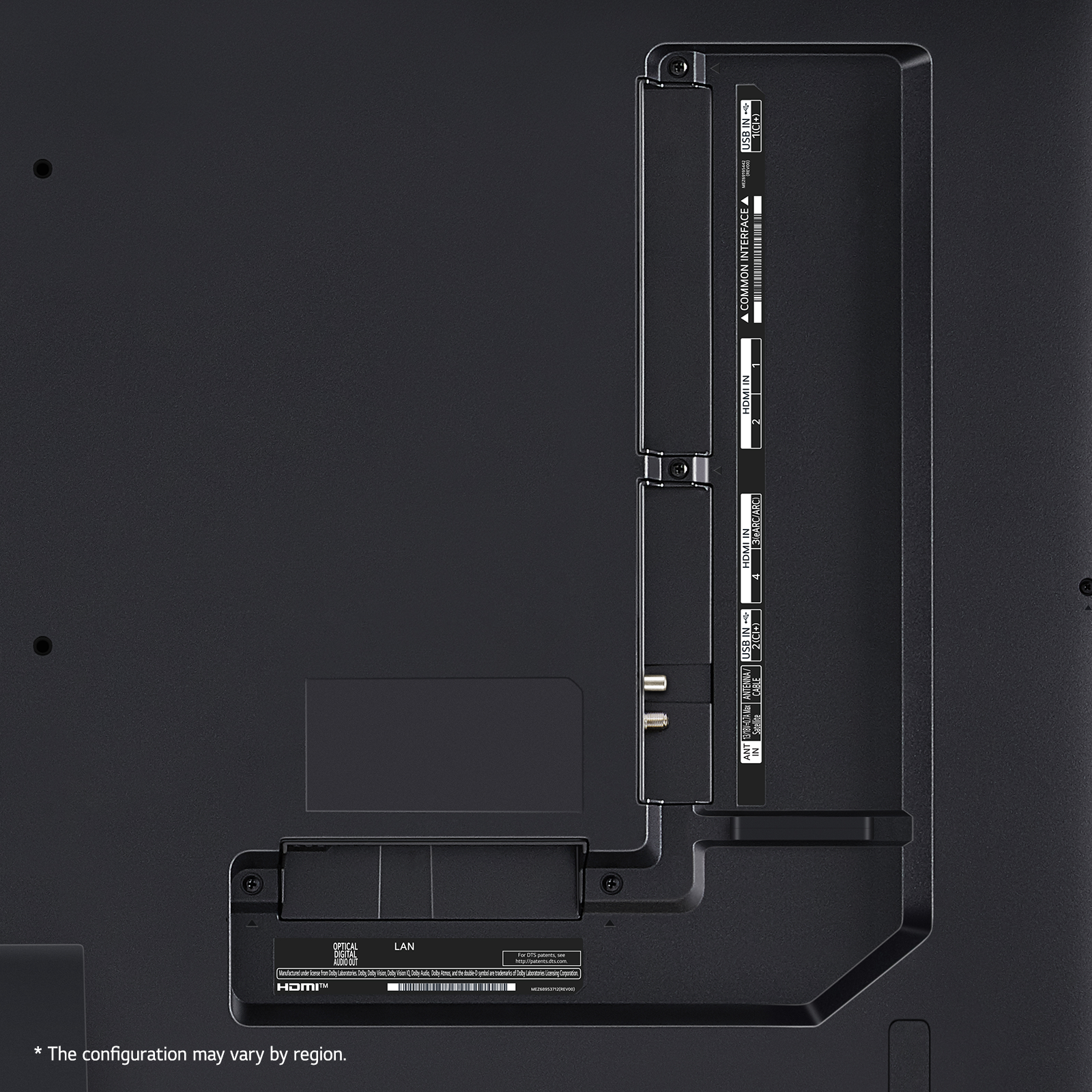 Tył czarnego telewizora z portami. Porty to HDMI, USB i LAN. Czarna ramka. Szare tło.