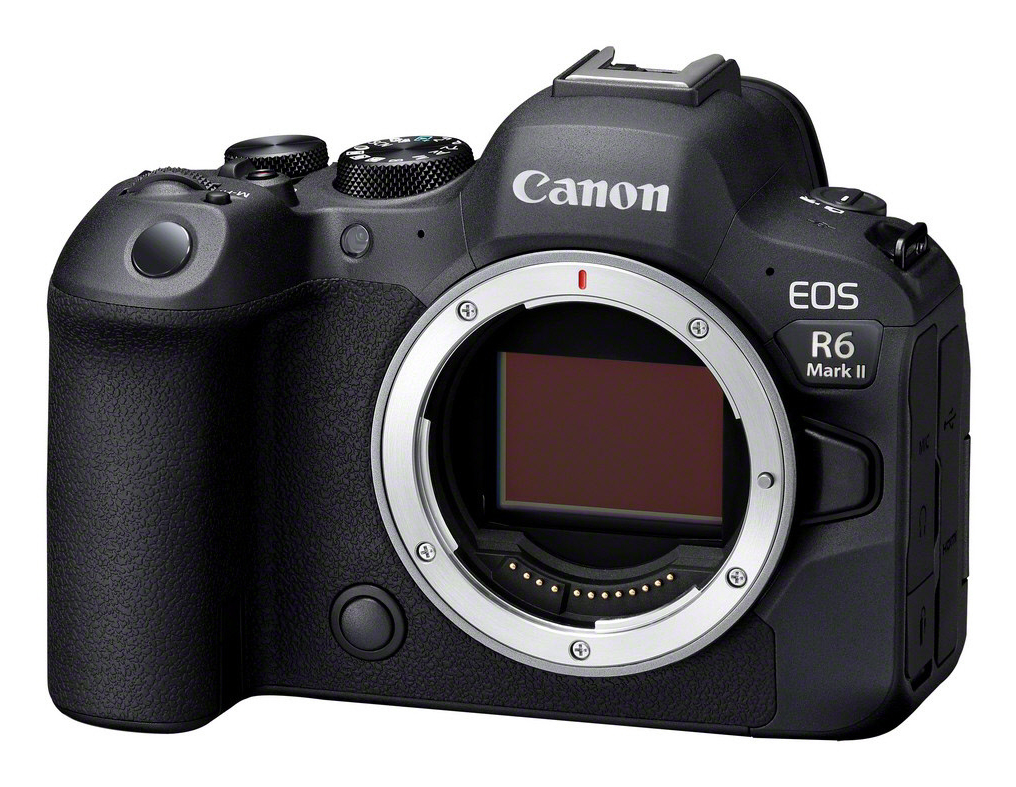 Eine schwarze Canon EOS R6 Mark II Kamera mit Objektiv.