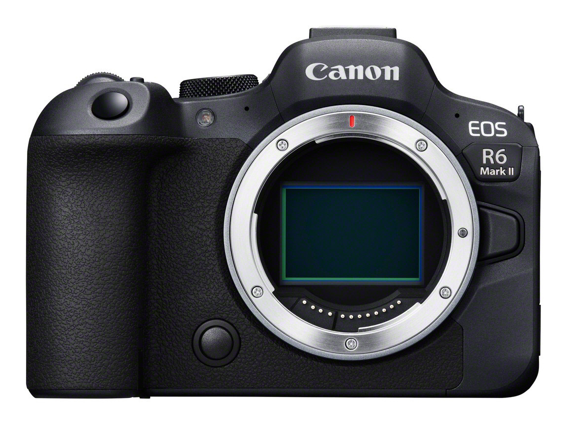 Canon EOS R6 Mark II Kamera, Frontansicht, schwarzer Körper, Objektivanschluss.