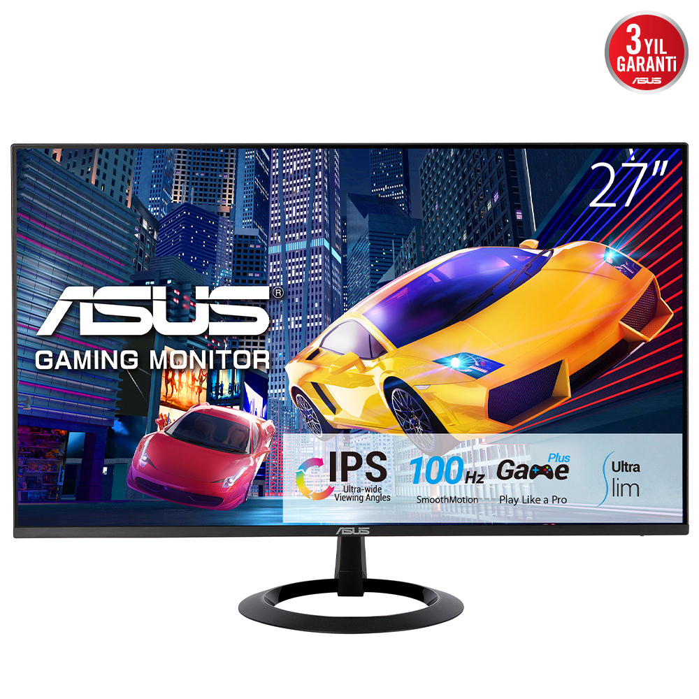 27-Zoll-Monitor mit Stadtbild, ASUS, IPS, 100 Hz und anderem Text.