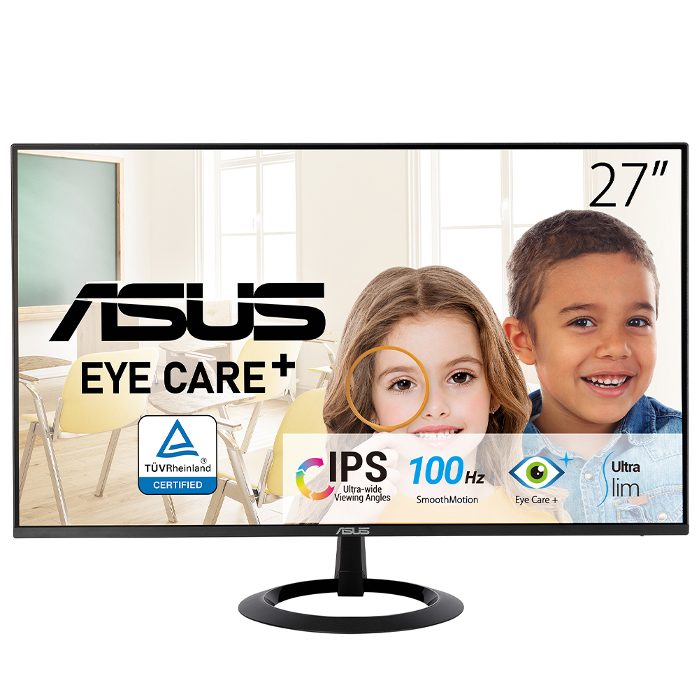 27-Zoll-Monitor mit Kinderbild, ASUS, Augenschutz, TÜV, 100 Hz und Text.