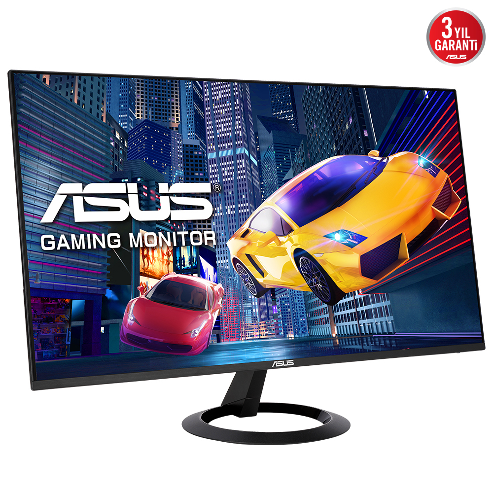 Monitor, der eine Stadtszene mit Autos zeigt. ASUS-Logo sichtbar.